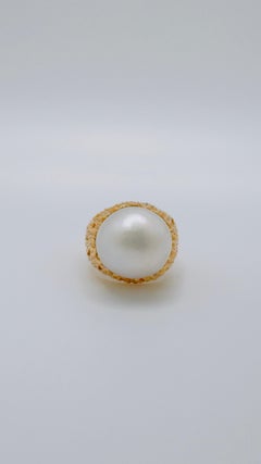 14K Yellow Gold Baroque South Sea Pearl Ring with Bark Finish