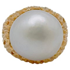 14K Yellow Gold Baroque South Sea Pearl Ring with Bark Finish