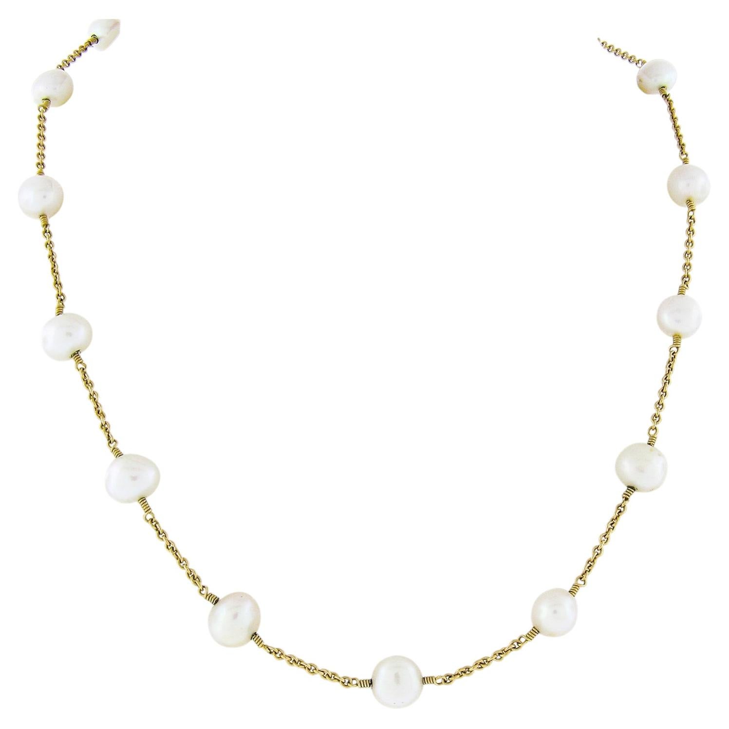 Collier de perles blanches baroques en or jaune 14k avec chaîne en câble de 17 pouces en vente