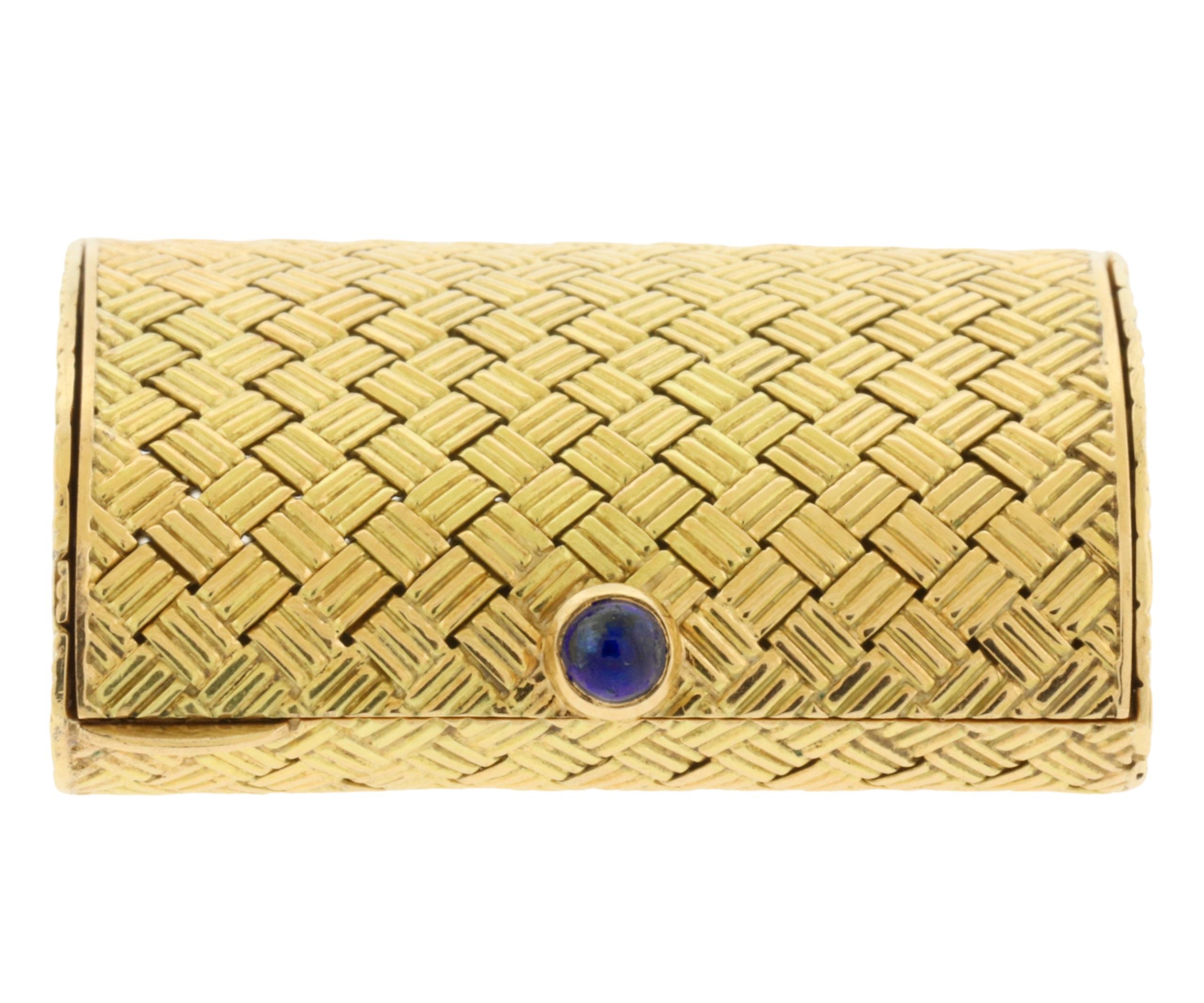 14 Karat Yellow Gold Basket Weave Sapphire Cabochon Pill Box Case Purse 4