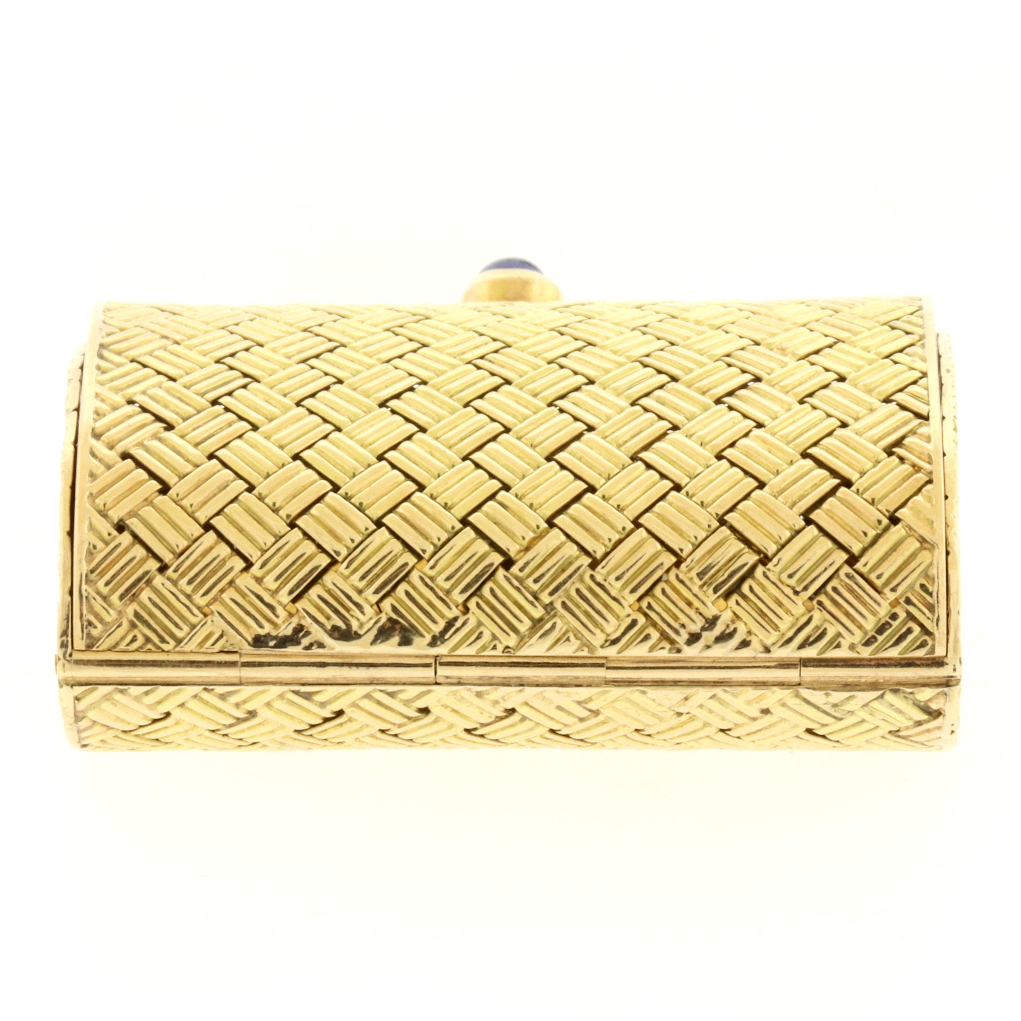 Women's or Men's 14 Karat Yellow Gold Basket Weave Sapphire Cabochon Pill Box Case Purse