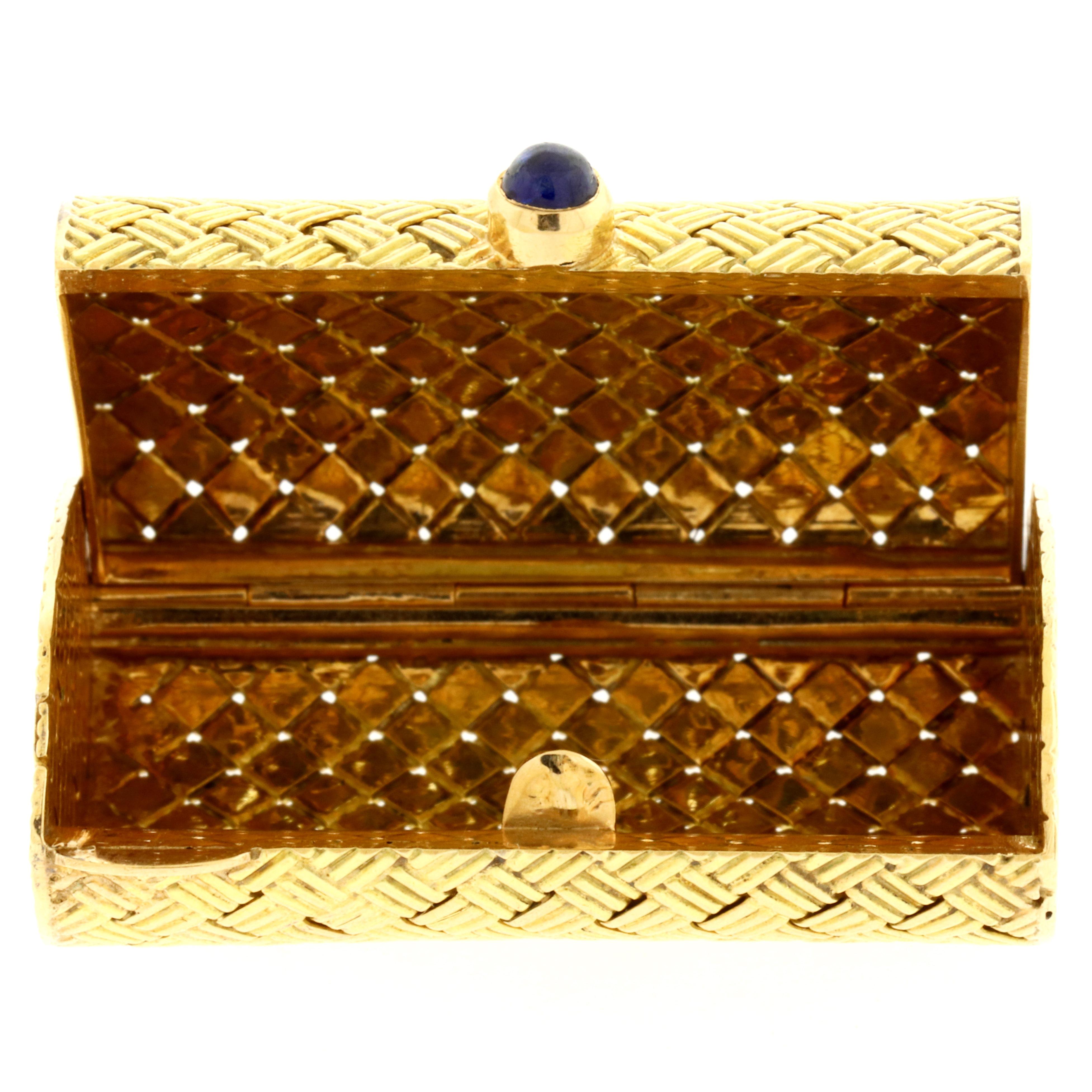 14 Karat Yellow Gold Basket Weave Sapphire Cabochon Pill Box Case Purse 2