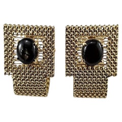 Gemelli da polso in oro giallo 14K con trama a cesto e pietre cabochon nere #25199