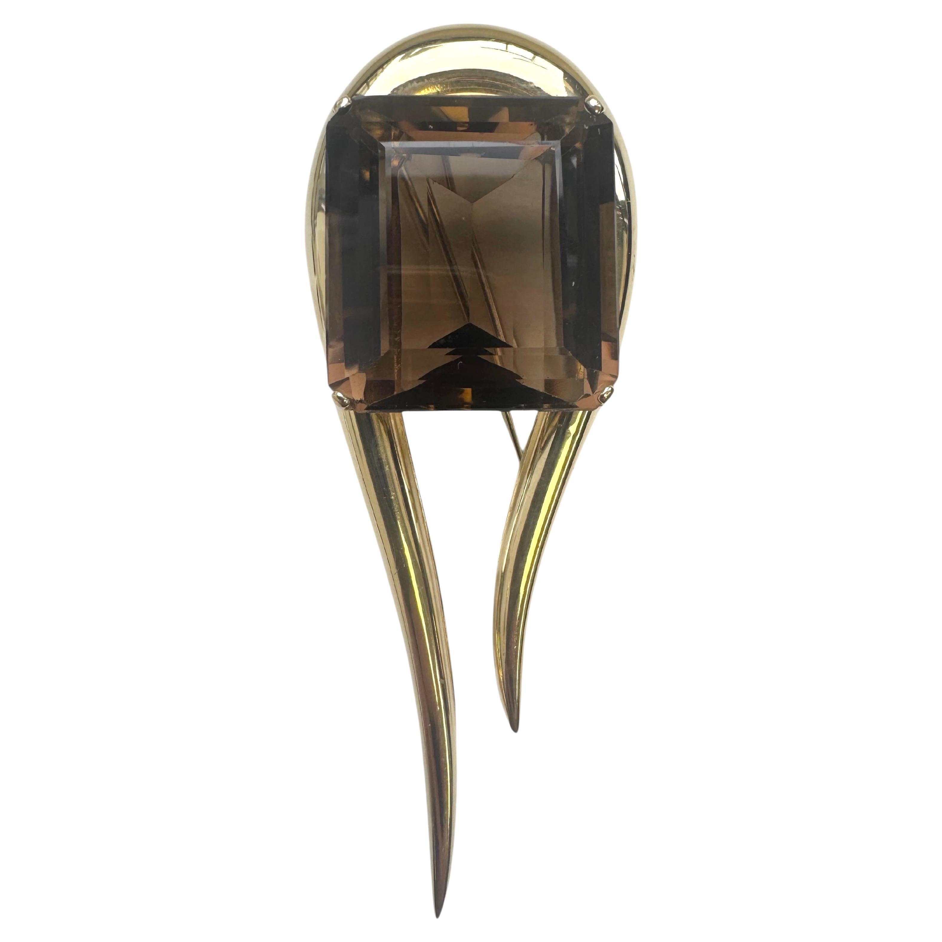 14K Yellow Gold Bassani Italy Smoky Quartz Brooch For Sale