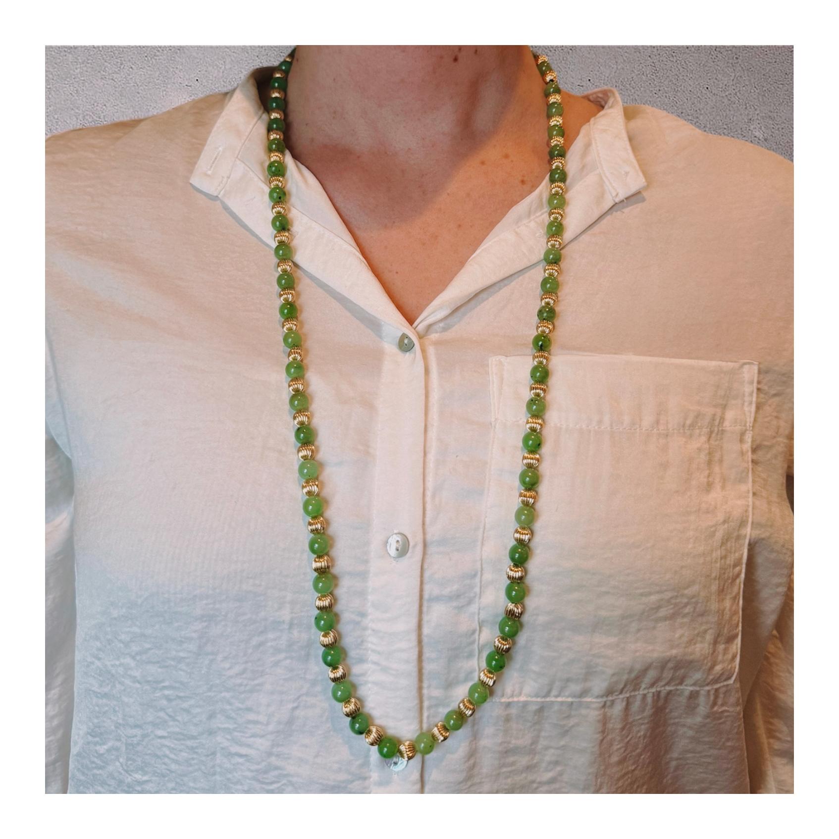 Women's 14K Yellow Gold Bead and Jade Bead Necklace For Sale