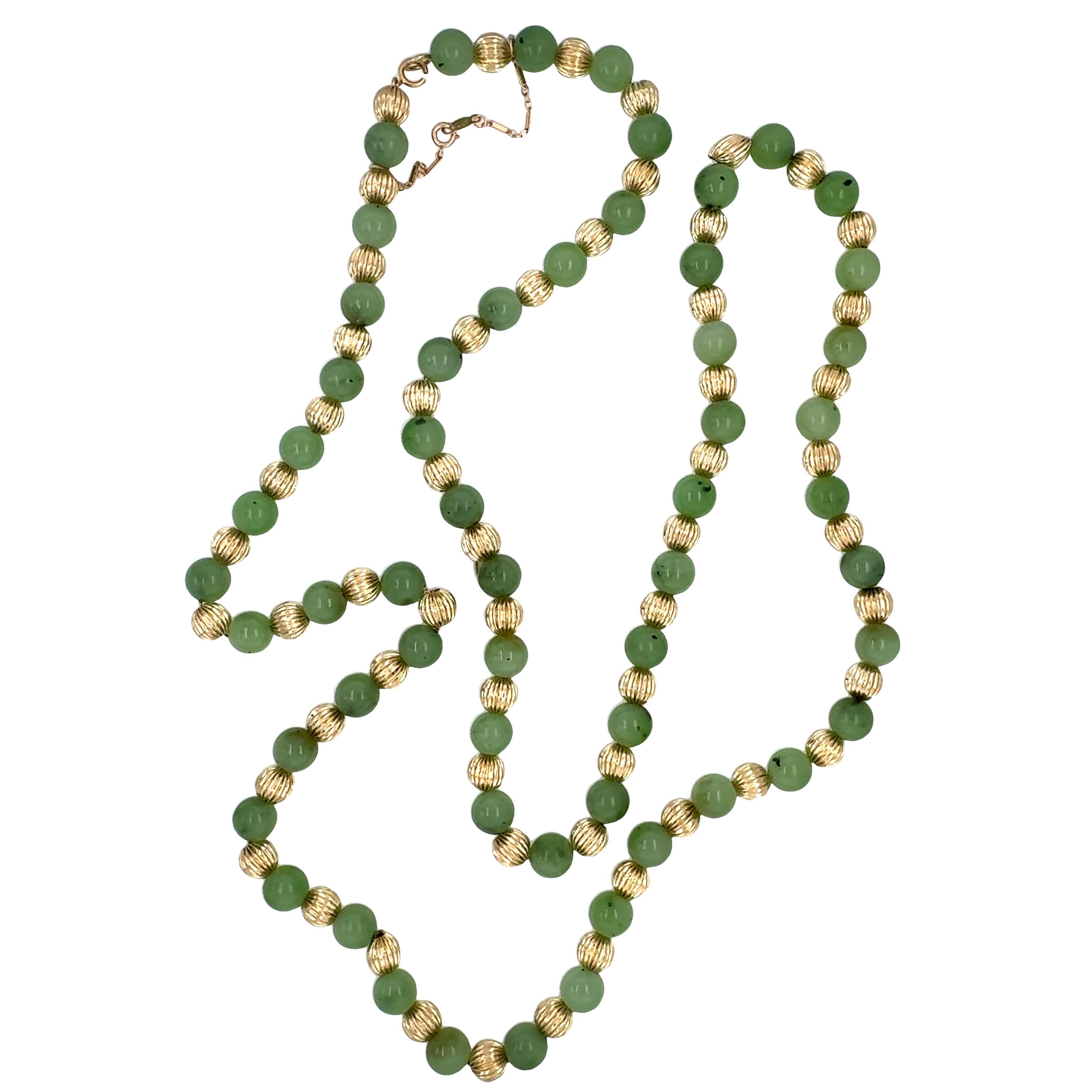 14K Yellow Gold Bead and Jade Bead Necklace For Sale