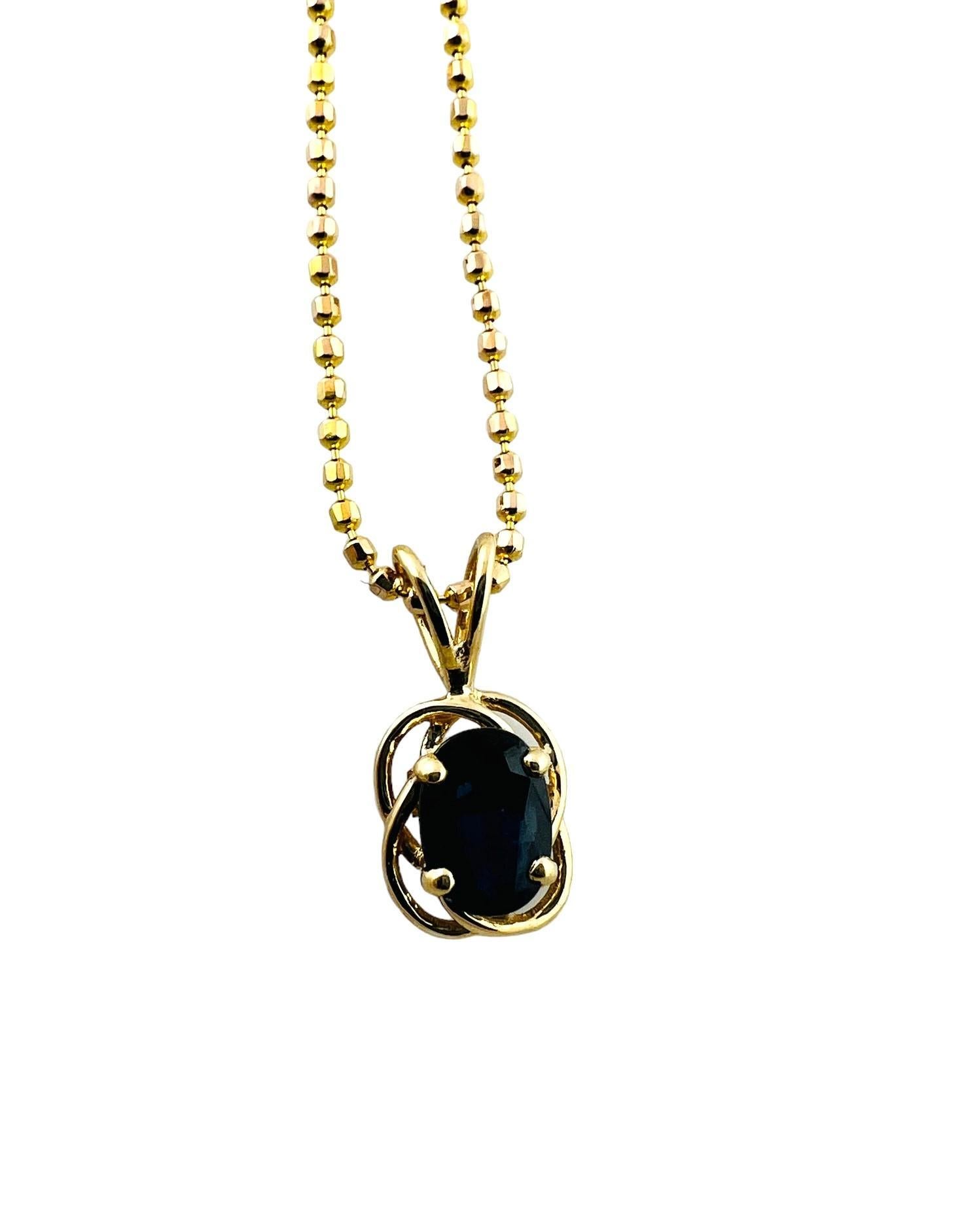 14K Yellow Gold Bead Chain with Oval Sapphire Pendant 

This beautiful necklace is set in 14K yellow gold.

Necklace is 15.5