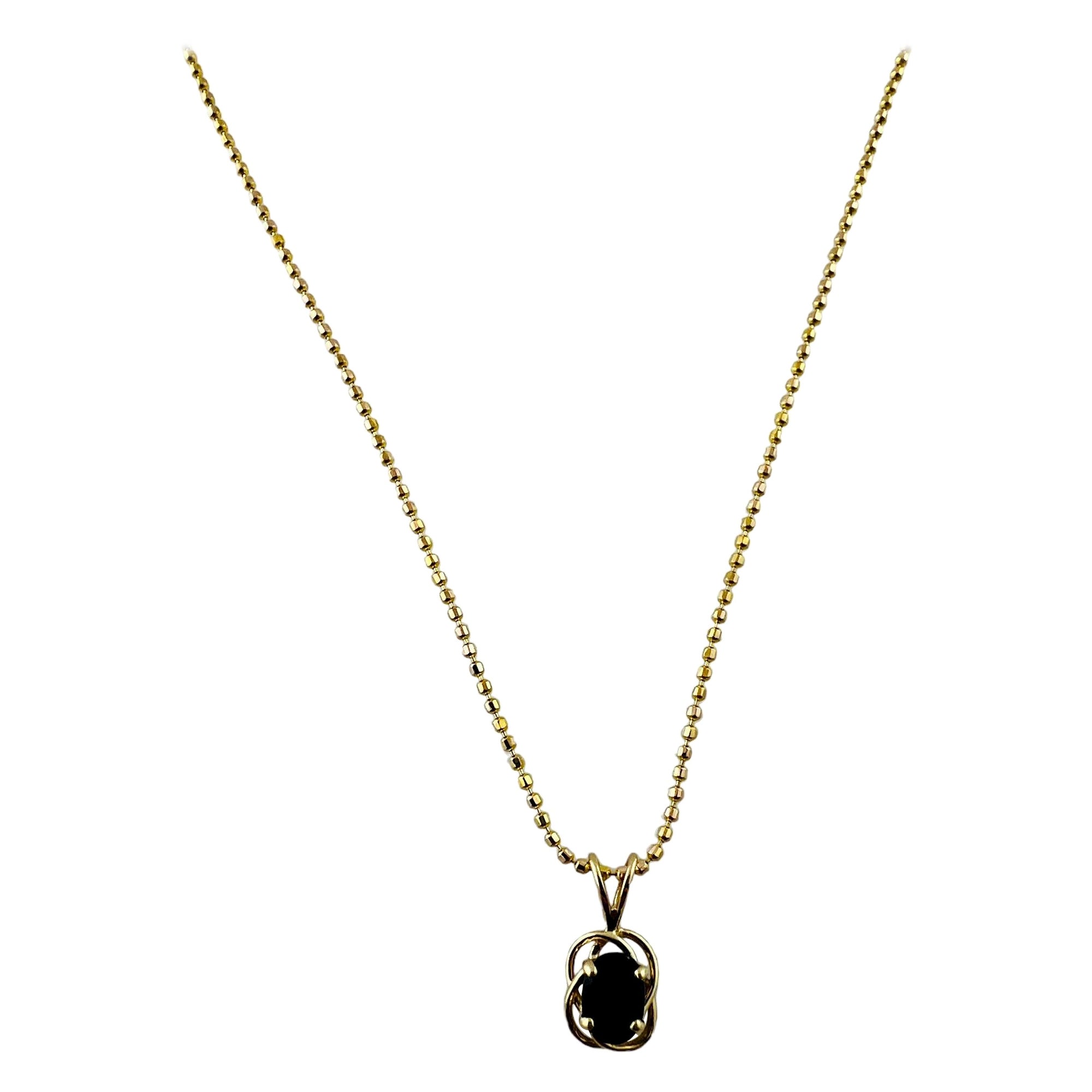 14K Gelbgold Perlenkette Oval Natürlicher Saphir Anhänger Halskette #15625 im Angebot