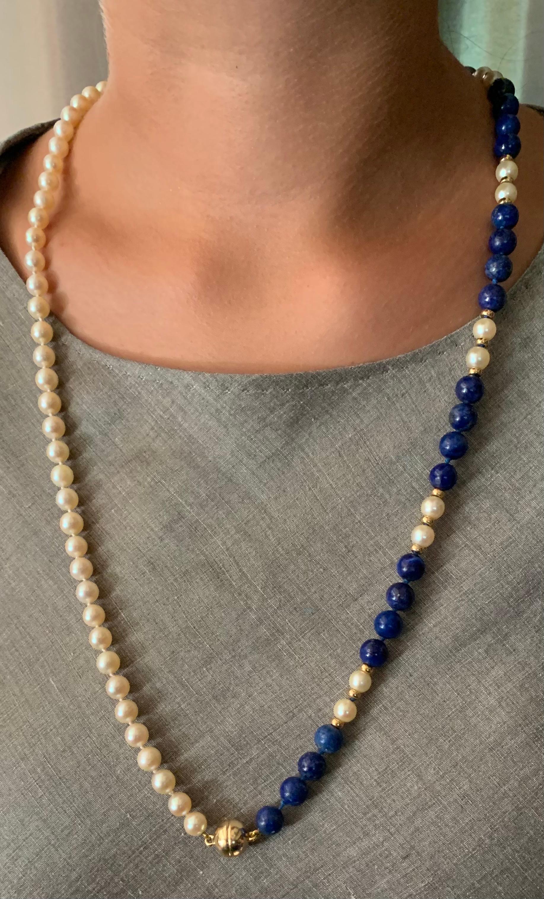 14K Gelbgold Perle, Lapislazuli, Zuchtperle, Halskette aus Zuchtperle (Moderne) im Angebot