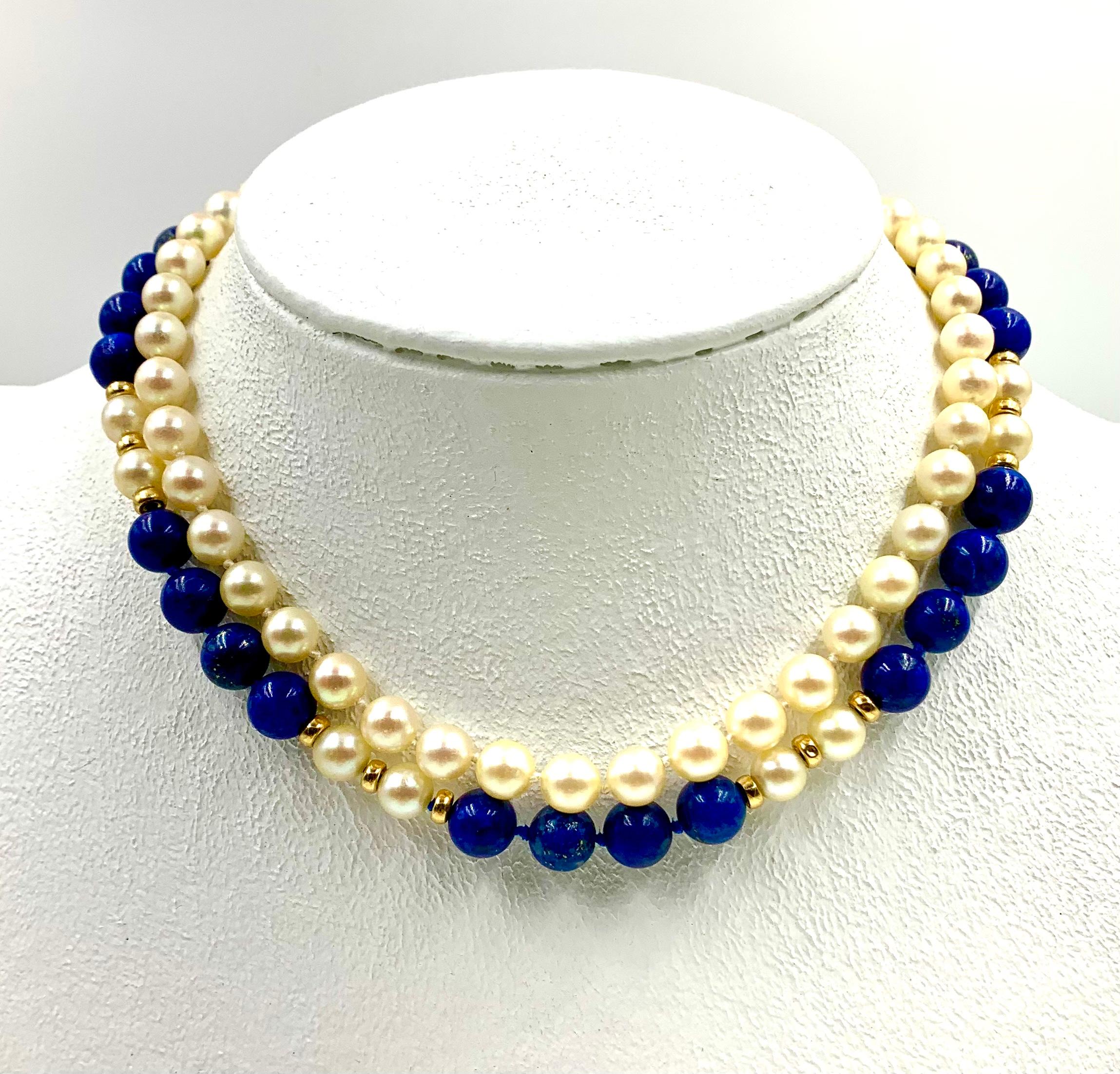 Collier transformable en or jaune 14K, lapis-lazuli et perles de culture en vente 8