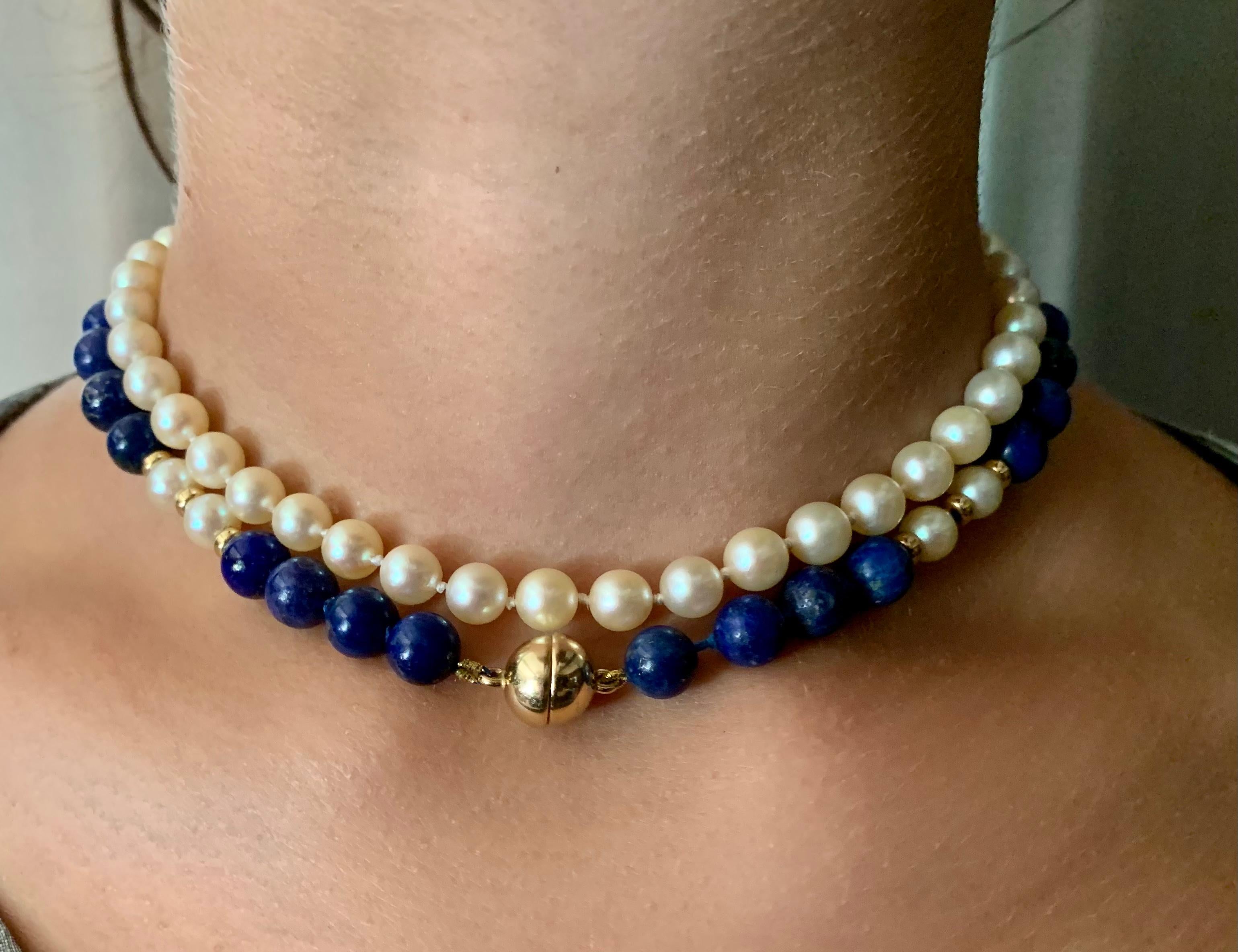 14K Yellow Gold Bead, Lapis Lazuli, Cultured Pearl Transformable Necklace For Sale 7