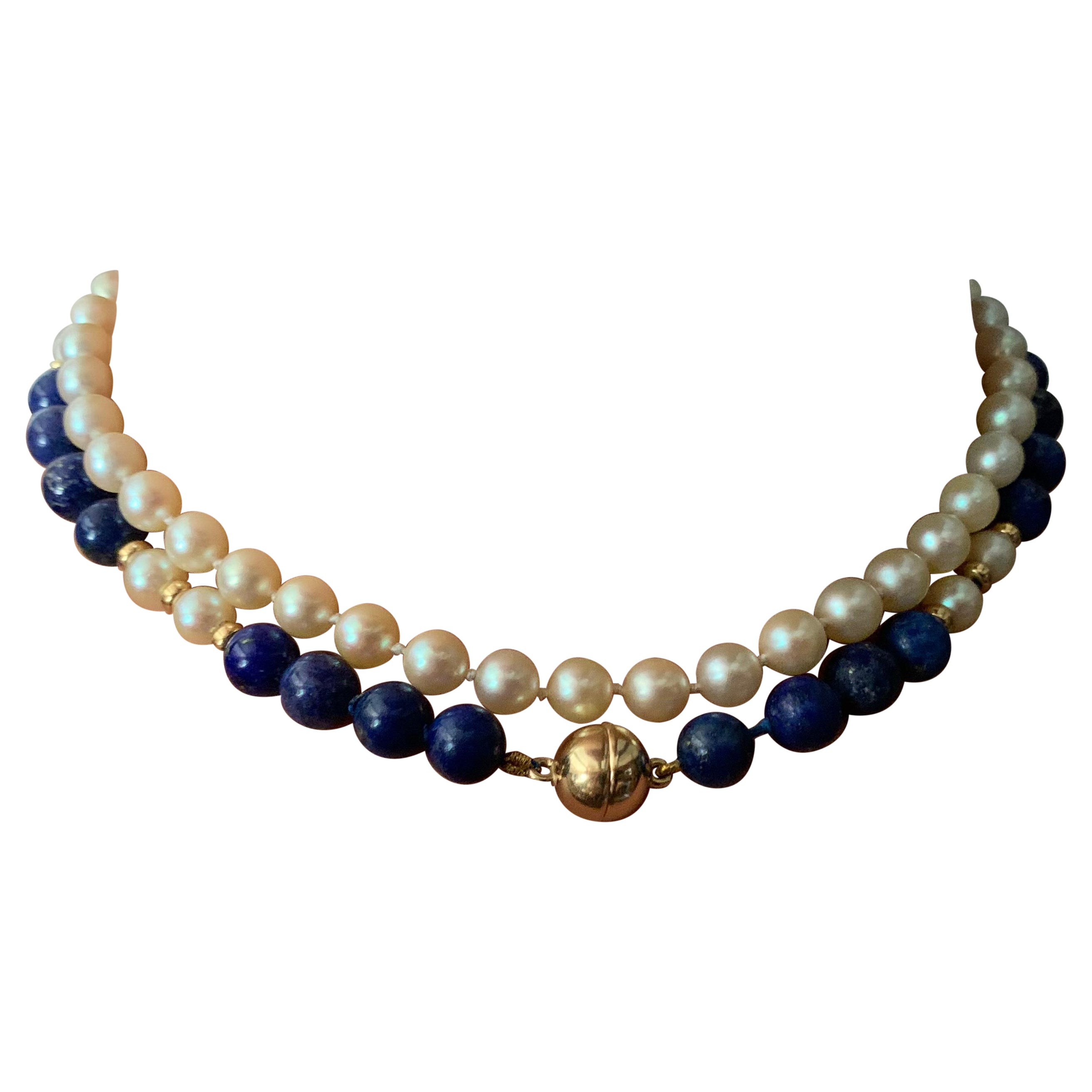 Collier transformable en or jaune 14K, lapis-lazuli et perles de culture en vente