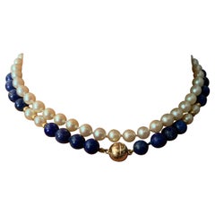 Collier transformable en or jaune 14K, lapis-lazuli et perles de culture