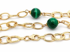 14k Yellow Gold Bead Malachite Stations Textured Open Link 24" Long Necklace