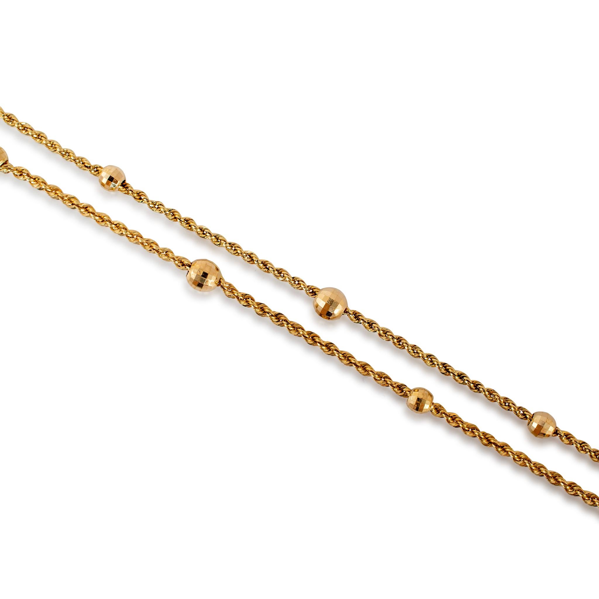 Gender: Ladies

Metal Type: 14K Yellow Gold

Length: 40.00 inches

Width: 2.00 mm

Weight: 6.77 grams

Ladies 14K yellow gold necklace. The metal was tested and determined to be 14K yellow gold. Engraved with 