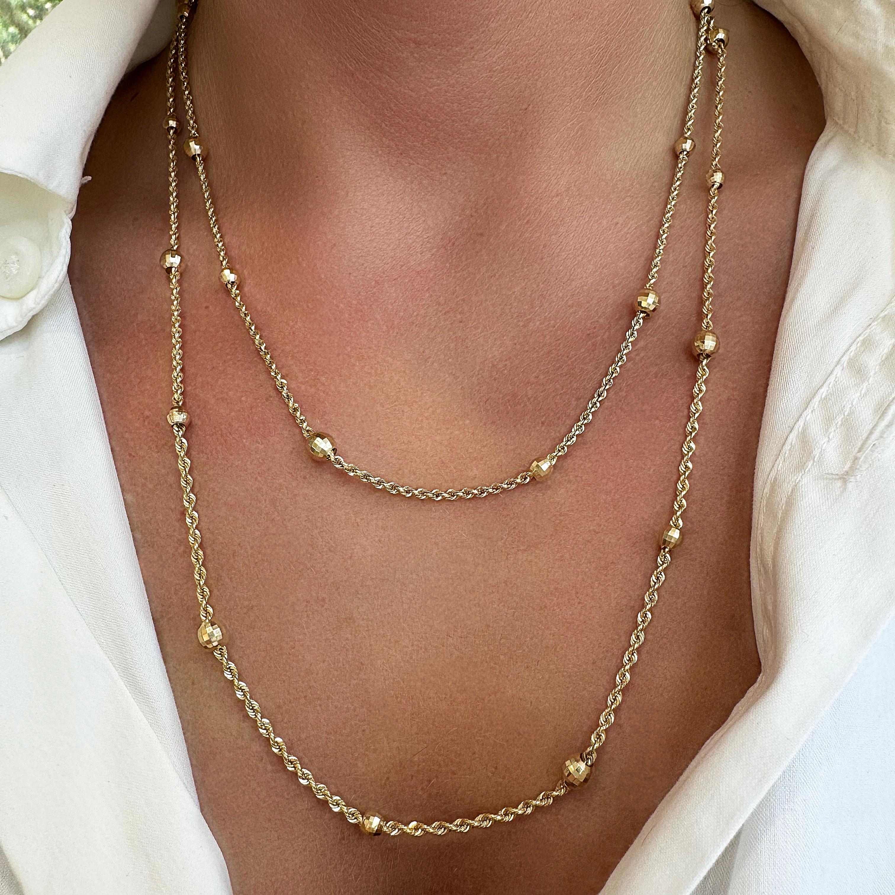 14K Yellow Gold Beaded 40” Rope Chain For Sale 2