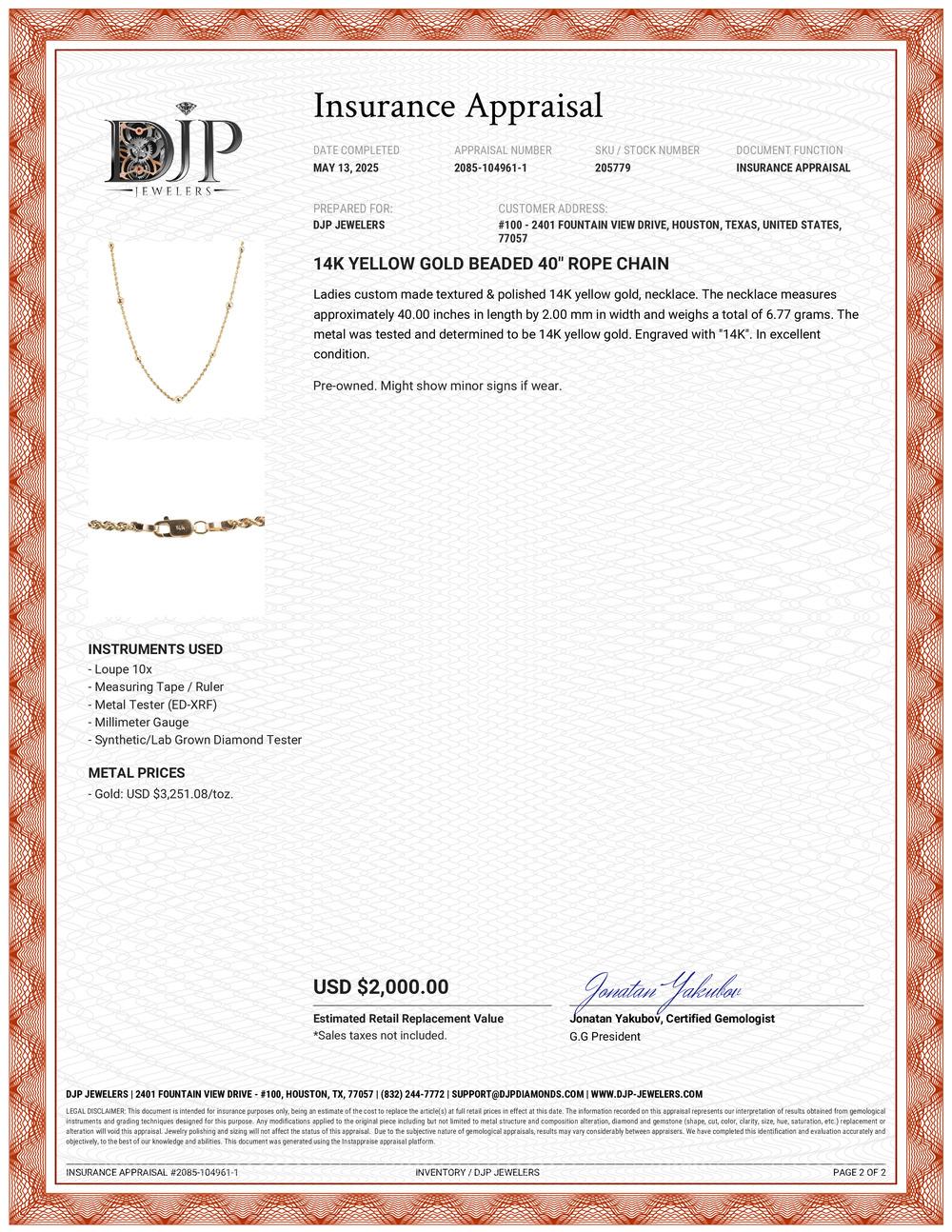 14K Yellow Gold Beaded 40” Rope Chain For Sale 3