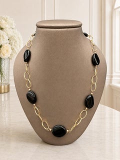 Collana a maglie aperte in oro giallo 14k a forma di fagiolo con onice nero, lunga 24"