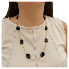Collana a maglie aperte in oro giallo 14k a forma di fagiolo con onice nero, lunga 24"