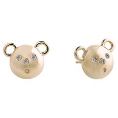 14k Yellow Gold Bear Diamond Stud Animal Earrings Baubou