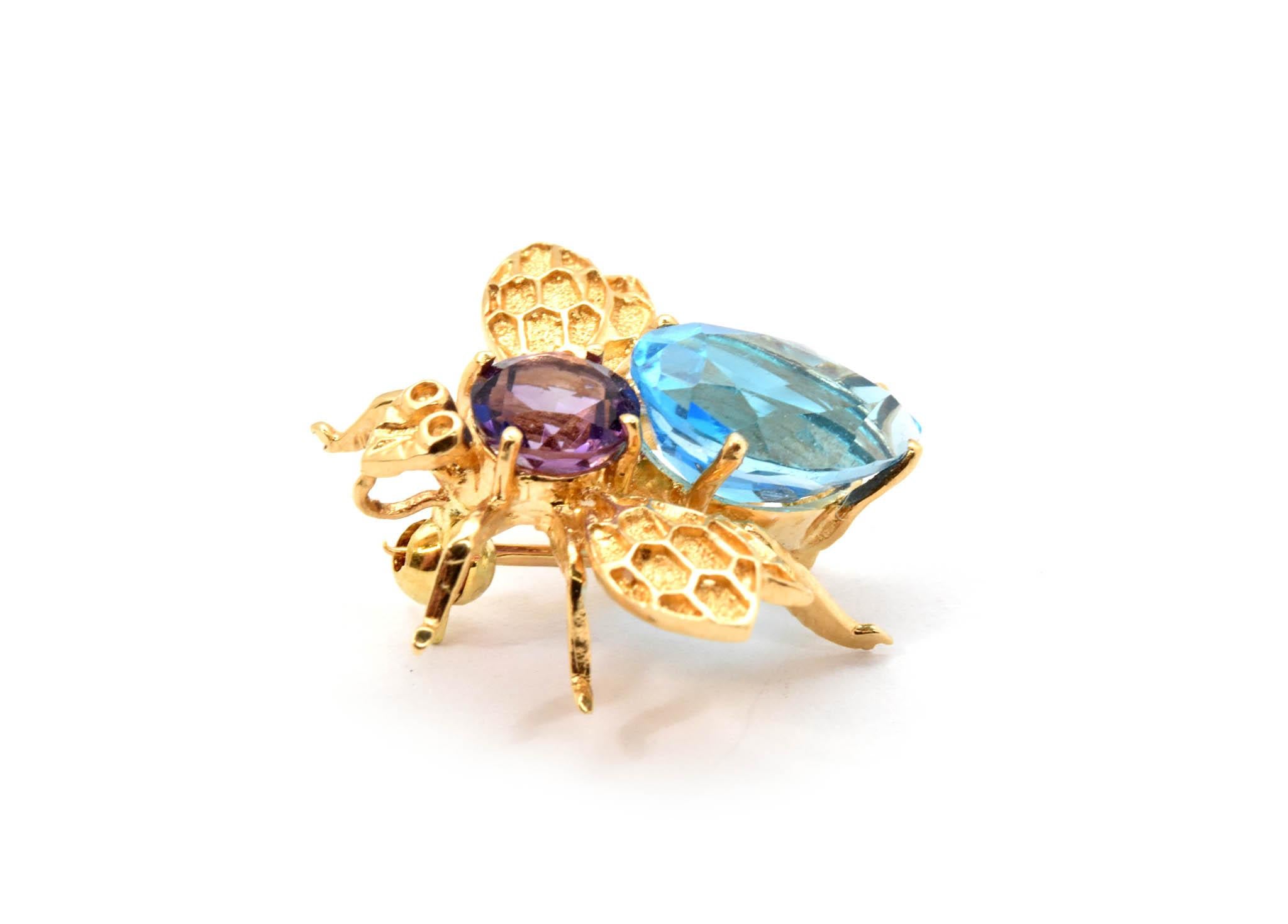 Oval Cut 14 Karat Yellow Gold Bee Pin with Amethyst and Blue Topaz