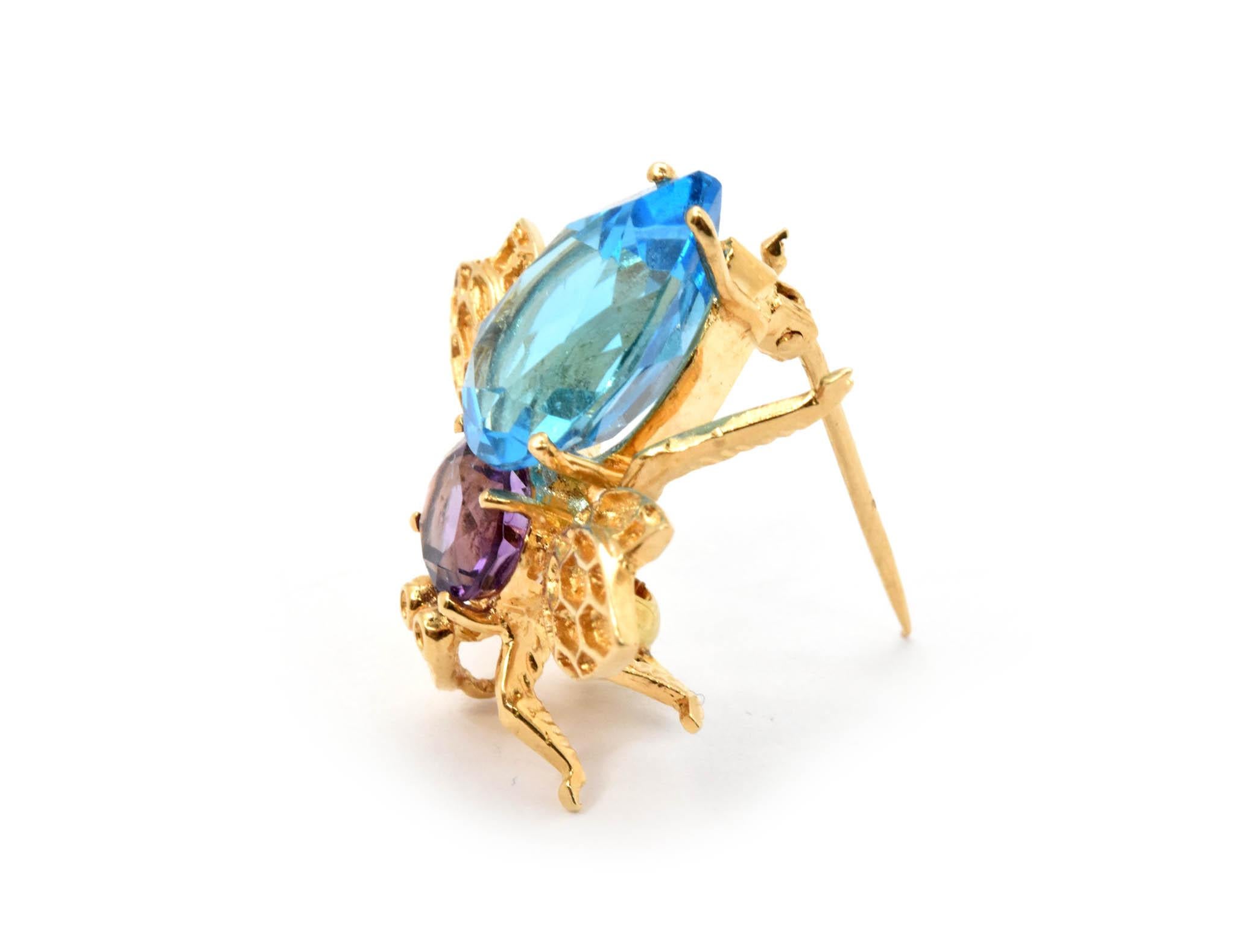 14 Karat Yellow Gold Bee Pin with Amethyst and Blue Topaz In Excellent Condition In Scottsdale, AZ