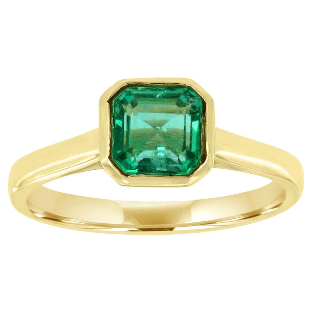 14K Yellow Gold Bezel Asscher Green Emerald Solitaire Ring 'Center- 1.2 Carat' For Sale