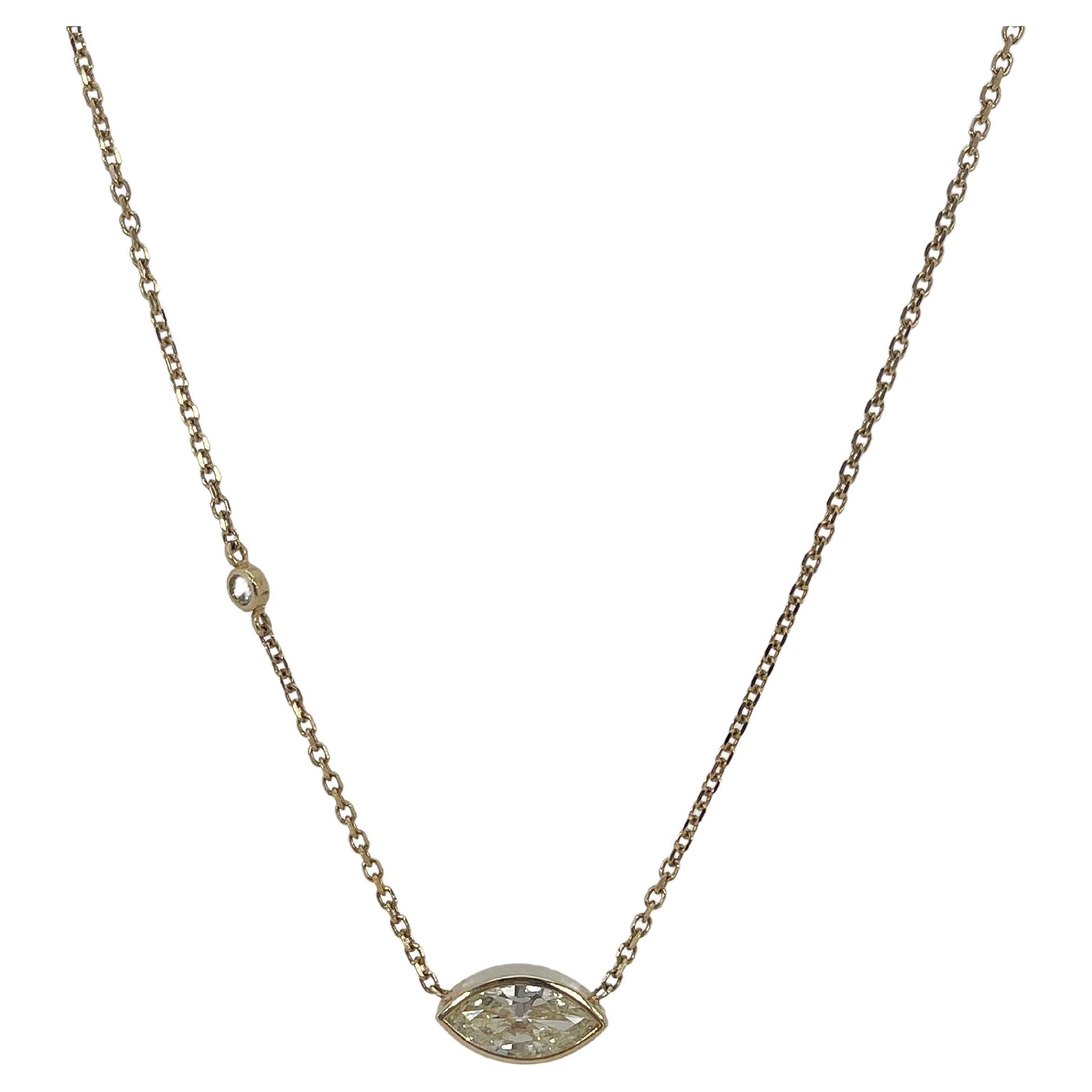 14K Yellow Gold Bezel Set 1.62 CTW Marquise Diamond Necklace For Sale