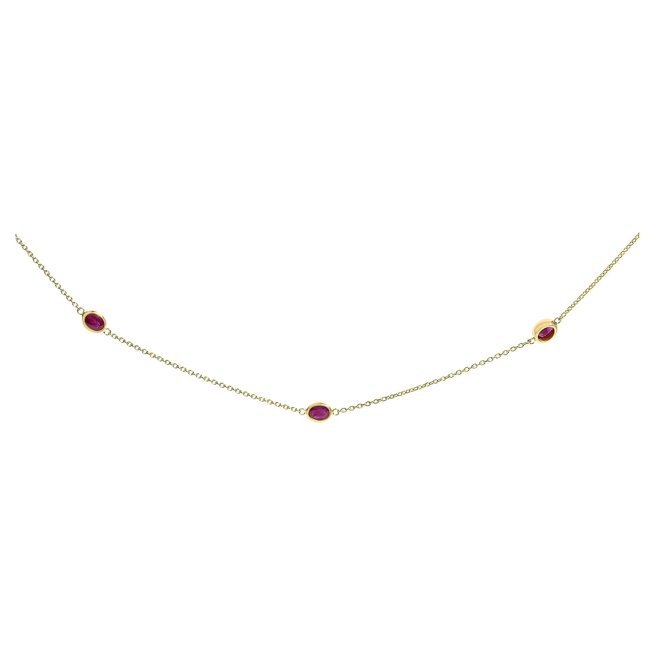 14K Yellow Gold Bezel Set 4x3 mm Oval Red Ruby Station Necklace - 18 Inches