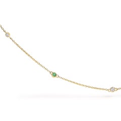 14K Yellow Gold Bezel Set Alternating Green Emerald and Diamond Station Necklace