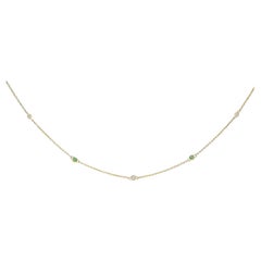 14K Yellow Gold Bezel Set Alternating Green Emerald and Diamond Station Necklace