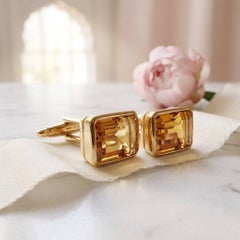 14K Yellow Gold Bezel Set Citrine Cufflinks, 15 Carats Octagon Cut Mens Cufflink