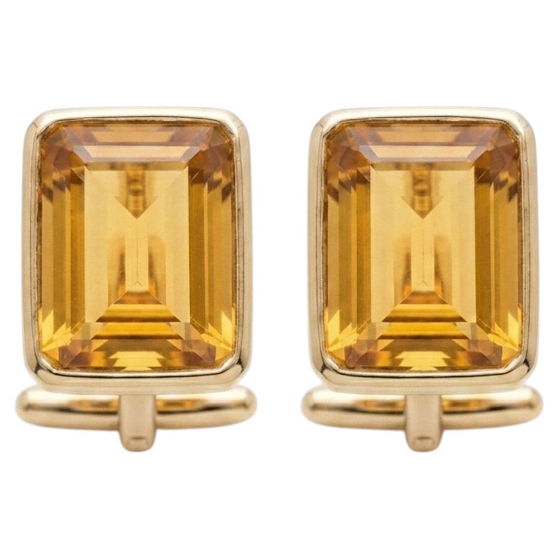 14K Yellow Gold Bezel Set Citrine Cufflinks, 15 Carats Octagon Cut Mens Cufflink