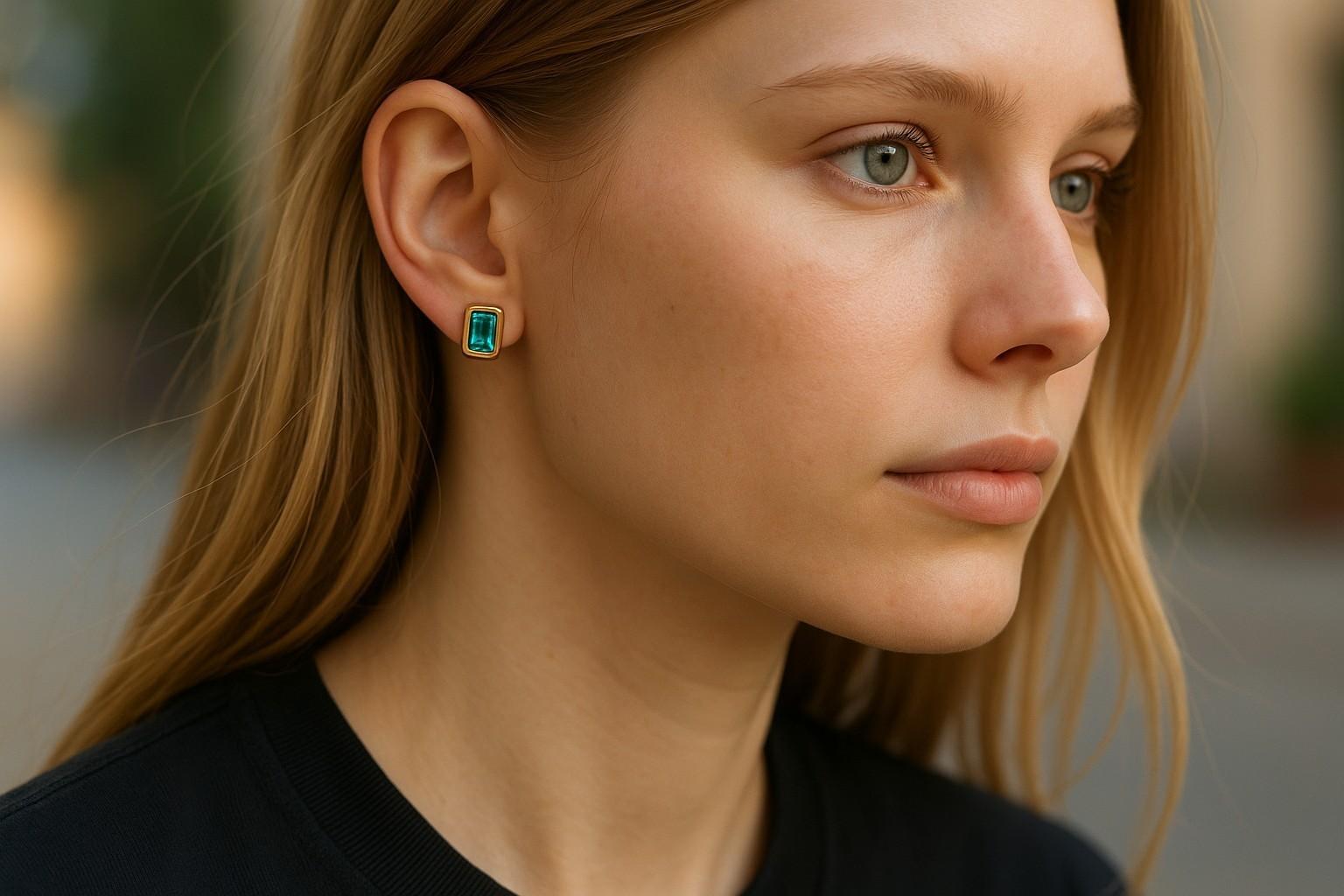 Emerald Cut 14K Yellow Gold Bezel Set Colombian Emerald Stud Earrings For Sale