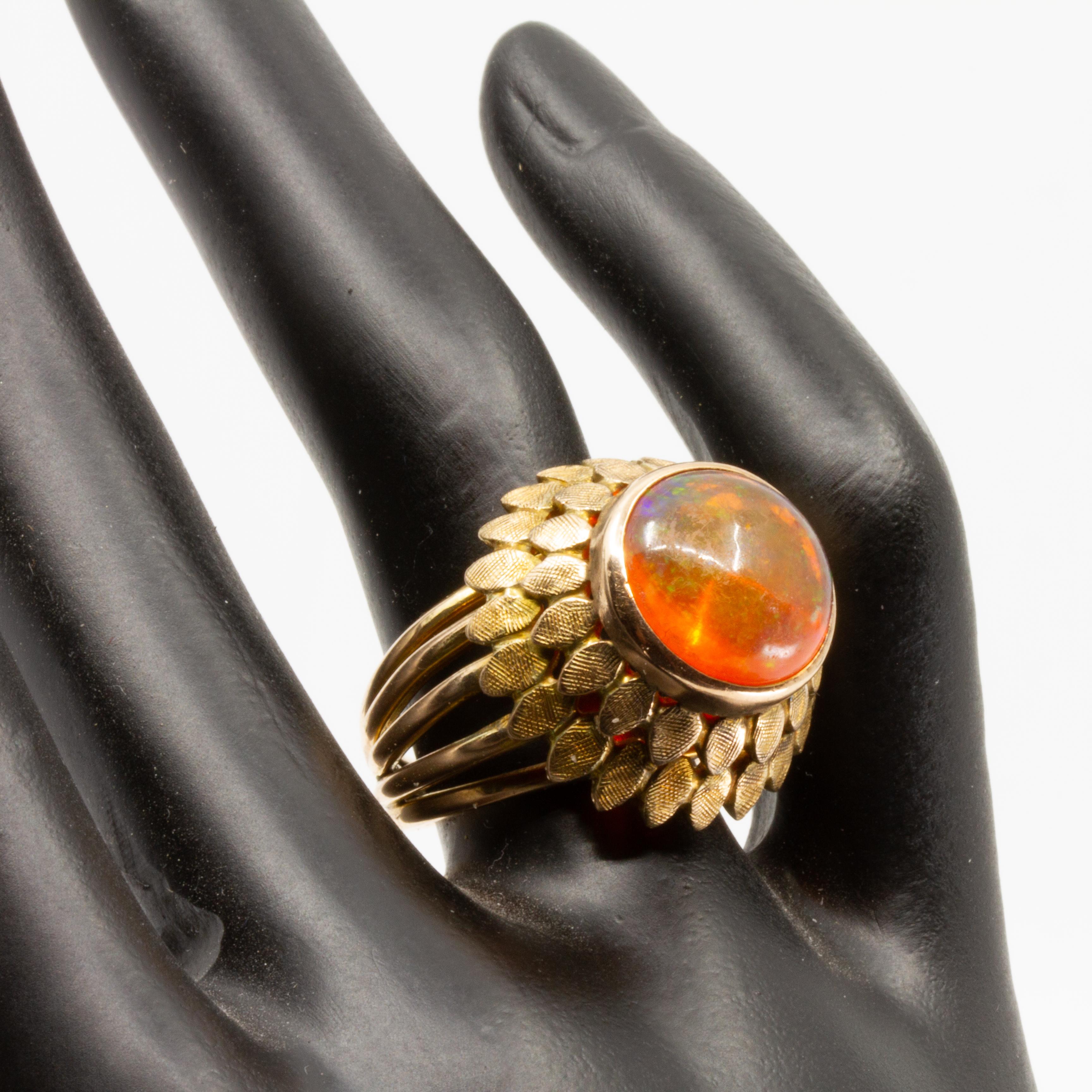 Women's or Men's 14 Karat Yellow Gold Bezel Set Fire Opal Ring