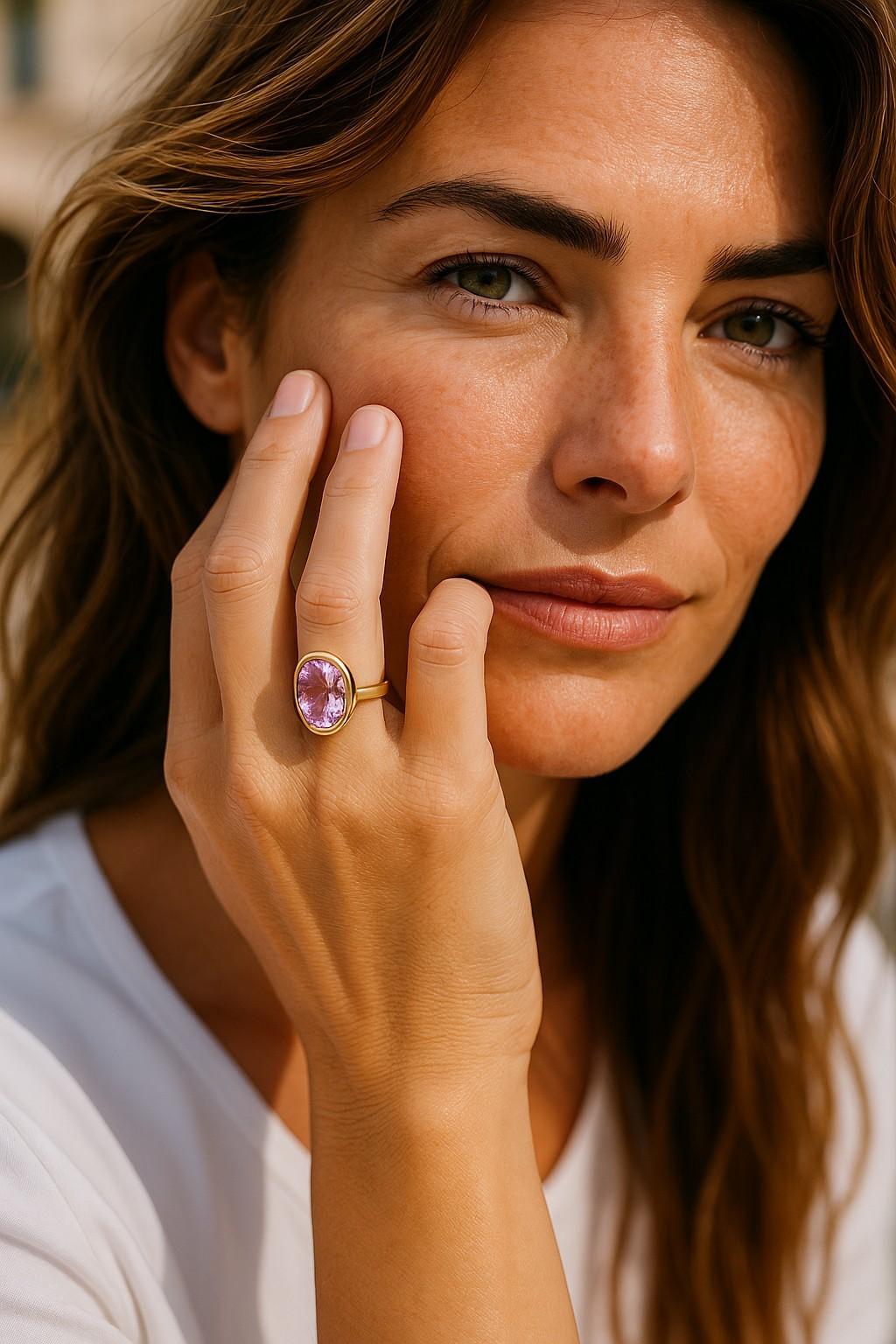 Taglio ovale Anello solitario con castone in oro giallo 14K con Kunzite del peso di 8,56 carati in vendita