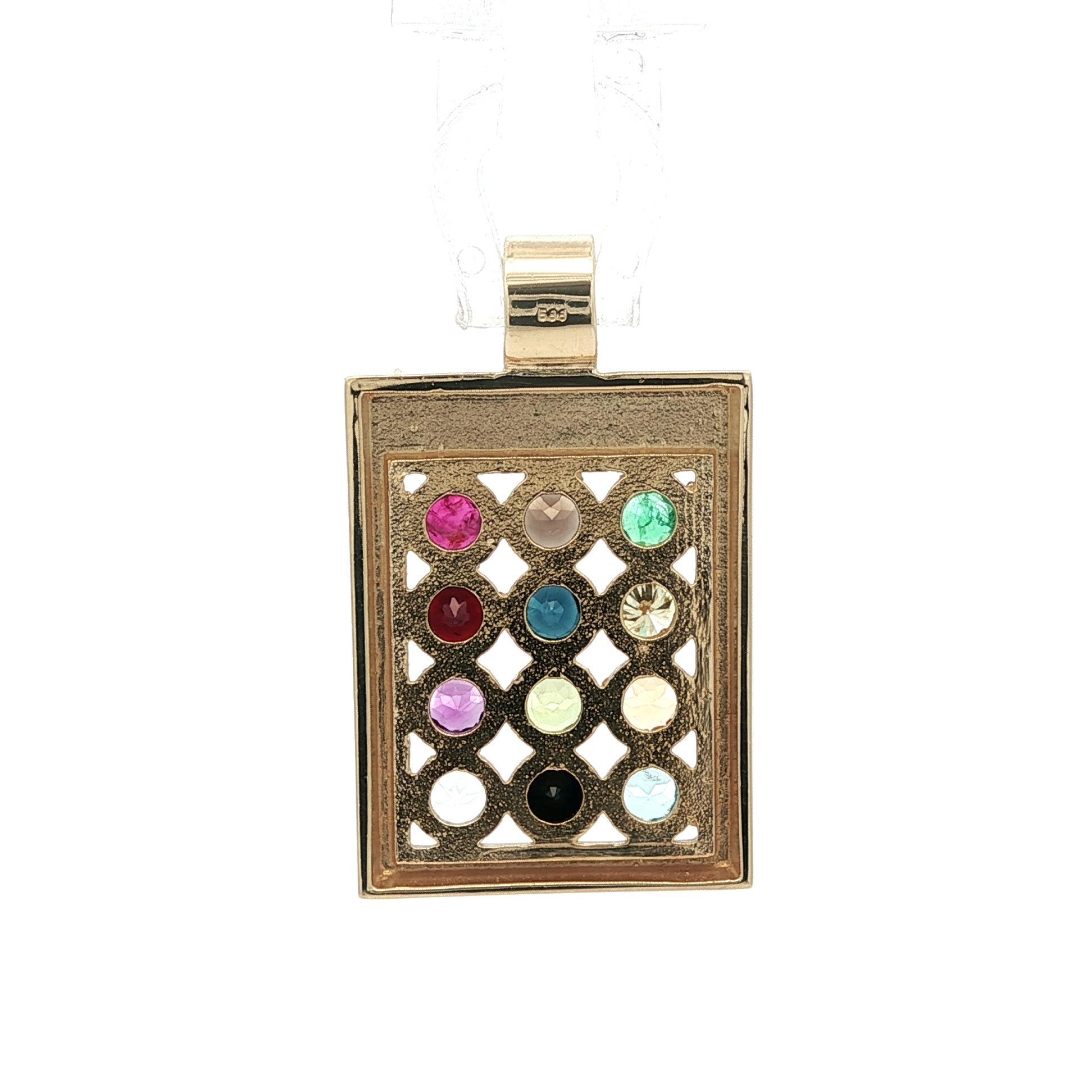 Donna Ciondolo in oro giallo 14k con castone e pietre preziose multicolore e diamante Hoshen in vendita