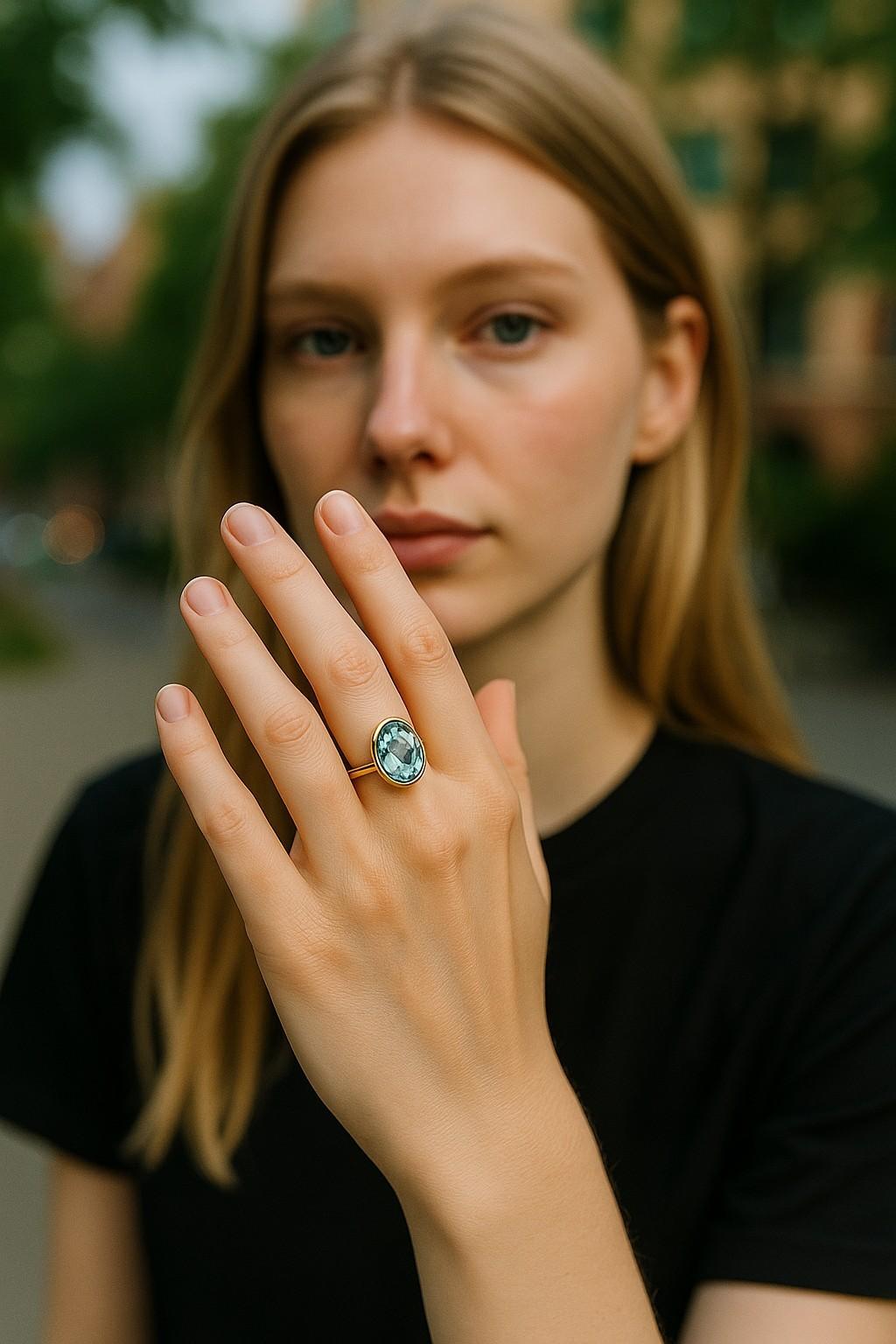 Taille ovale Bague solitaire en or jaune 14K sertie d'un chaton en aigue-marine ovale pesant 6,85 carats en vente