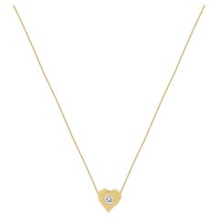14K Yellow Gold Bezel Set Round Diamond Solitaire Heart Pendant Necklace 18.0"