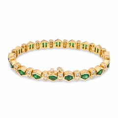 14k Yellow Gold Bezel Set Zambian Emerald and Diamond Line Bracelet