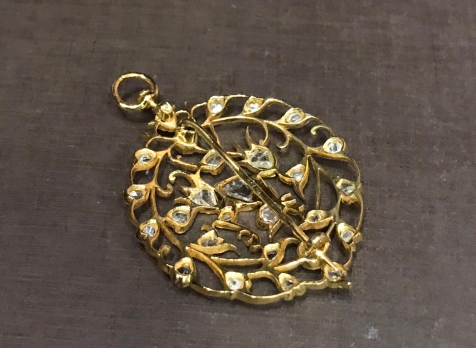 14k Yellow gold Bird Antique Polki Diamond Brooch/Pendant handcrafted In New Condition For Sale In Chicago, IL