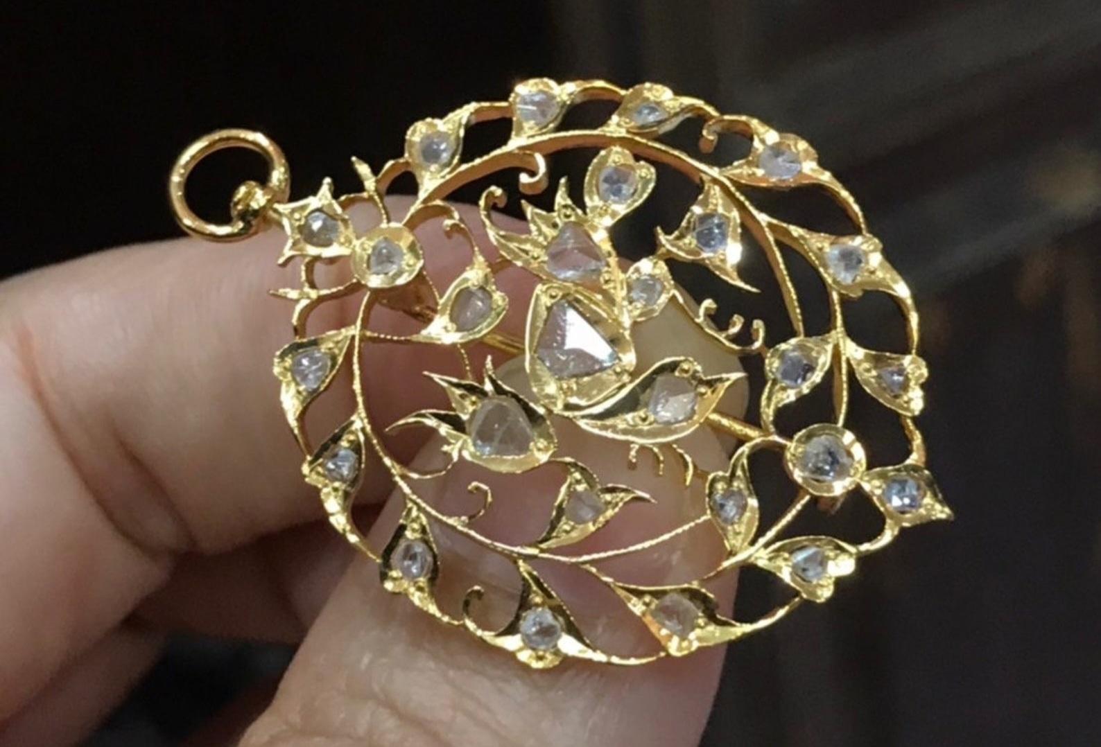 Women's or Men's 14k Yellow gold Bird Antique Polki Diamond Brooch/Pendant handcrafted For Sale