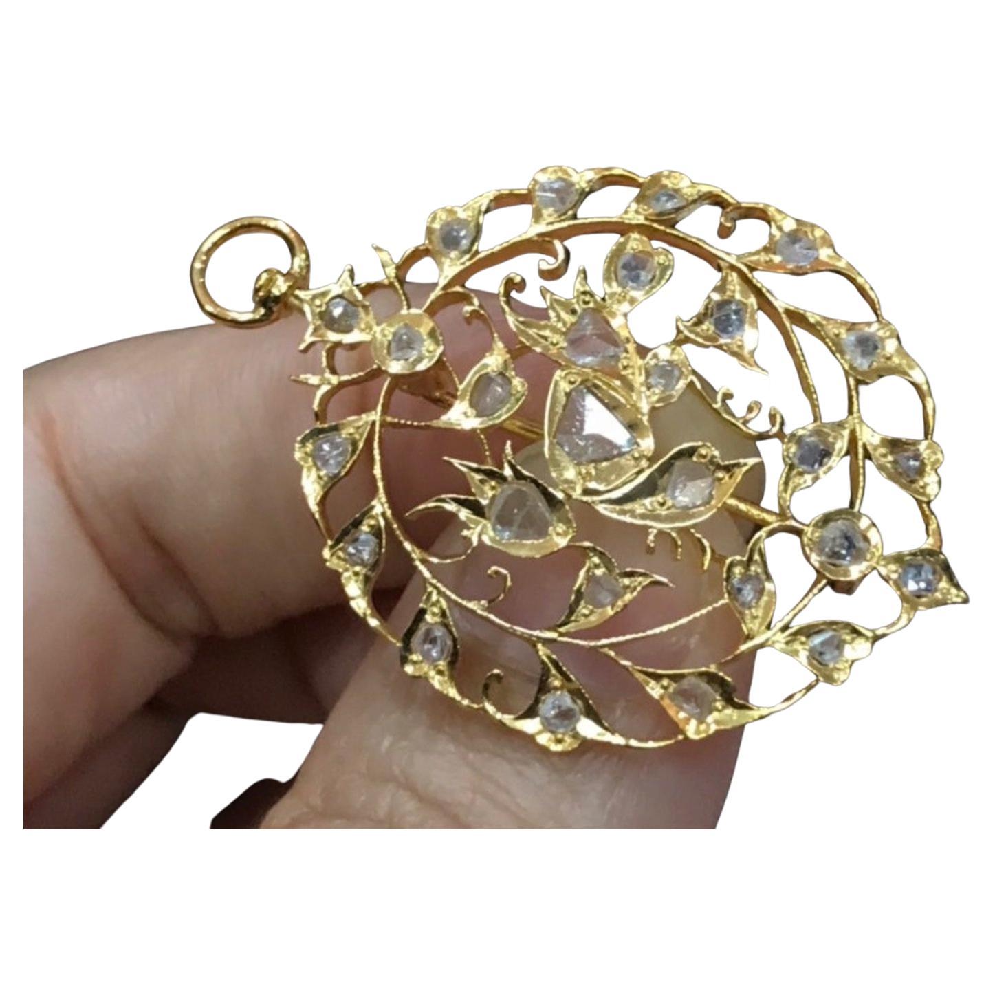 Broche/Pendiente Diamante Polki Antiguo de oro amarillo de 14k hecho a mano
