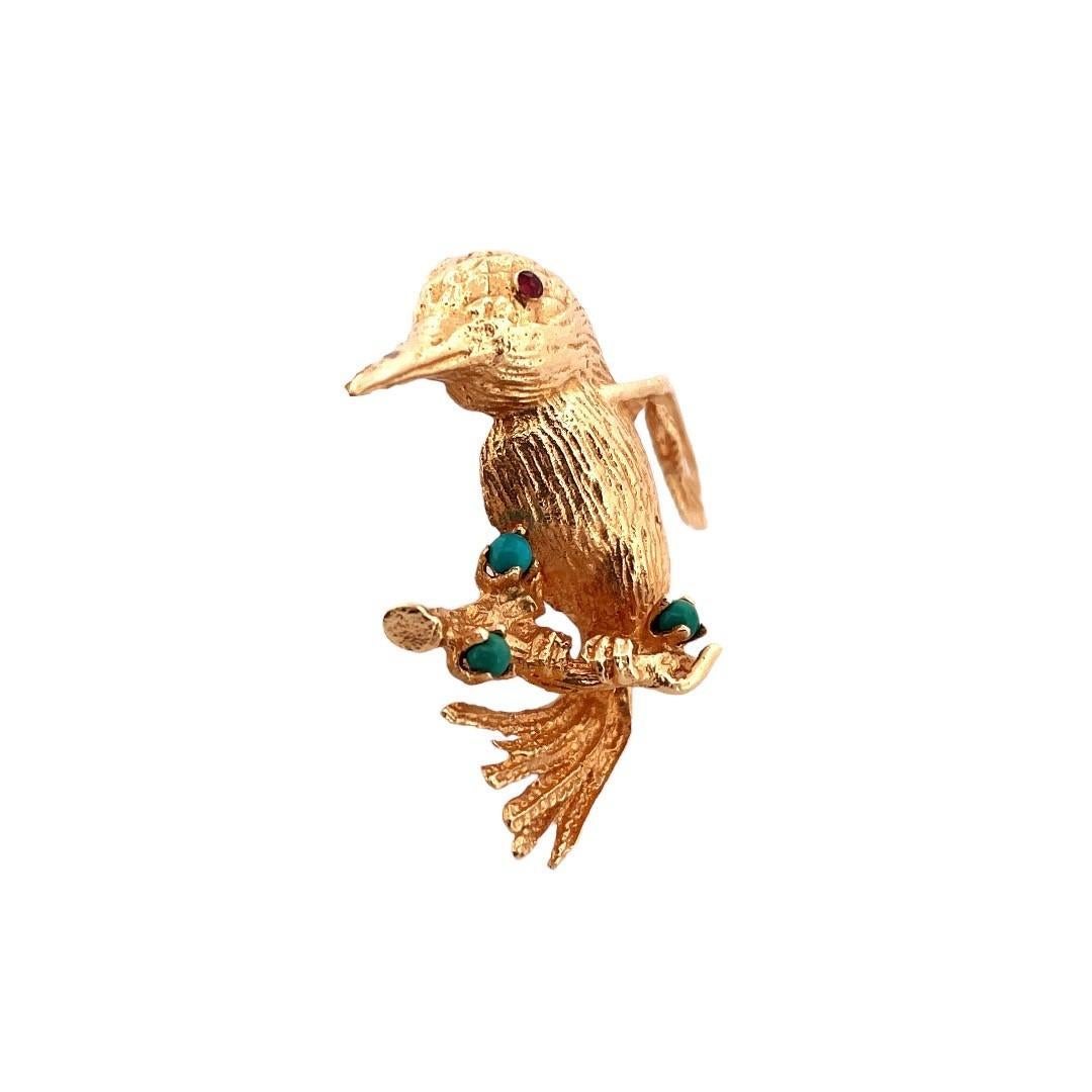 Retro 14K Yellow Gold Bird Brooch with 3 Turquoise Gemstones For Sale