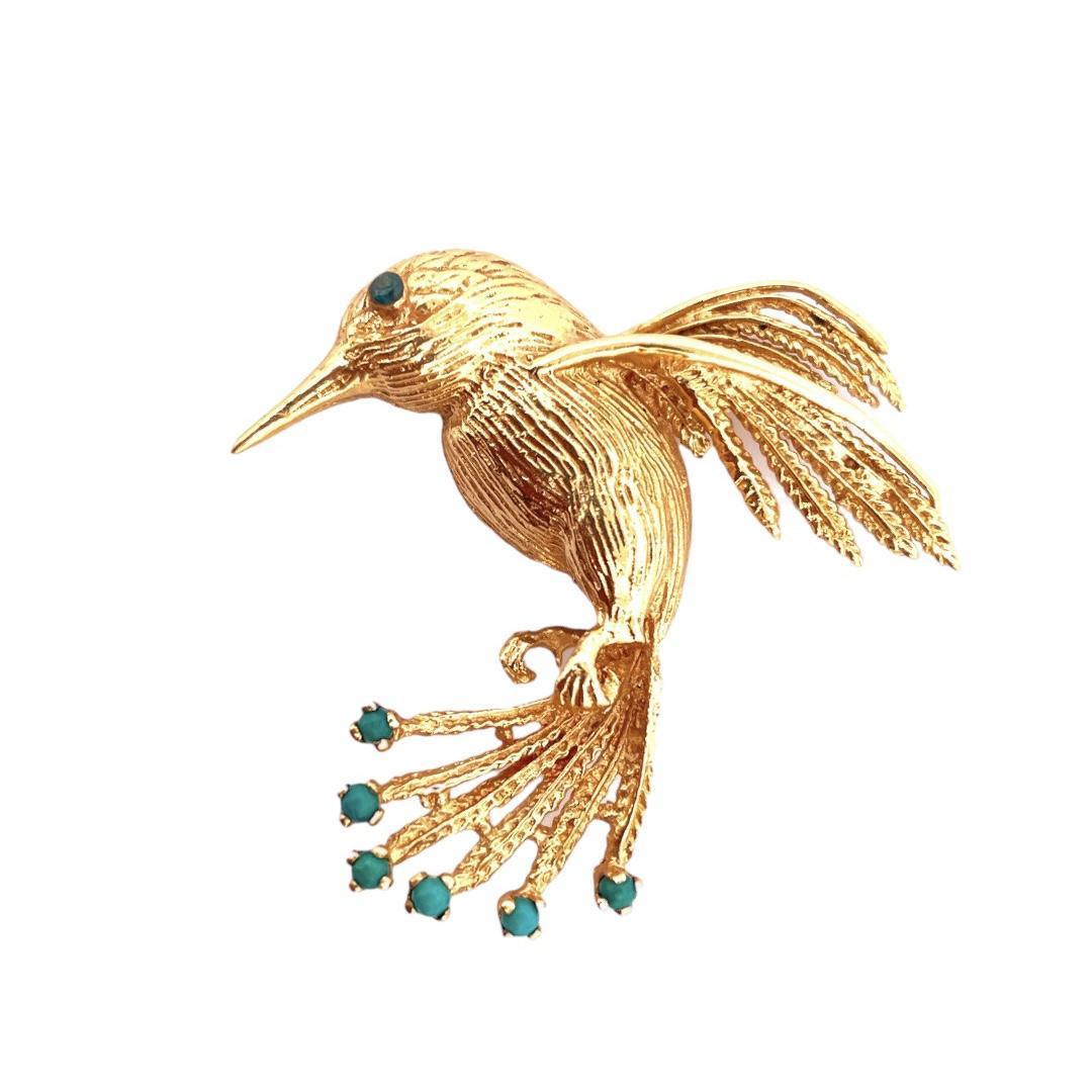Retro 14K Yellow Gold Bird Brooch with 6 Turquoise Gemstones and Blue Diamond Eyes For Sale
