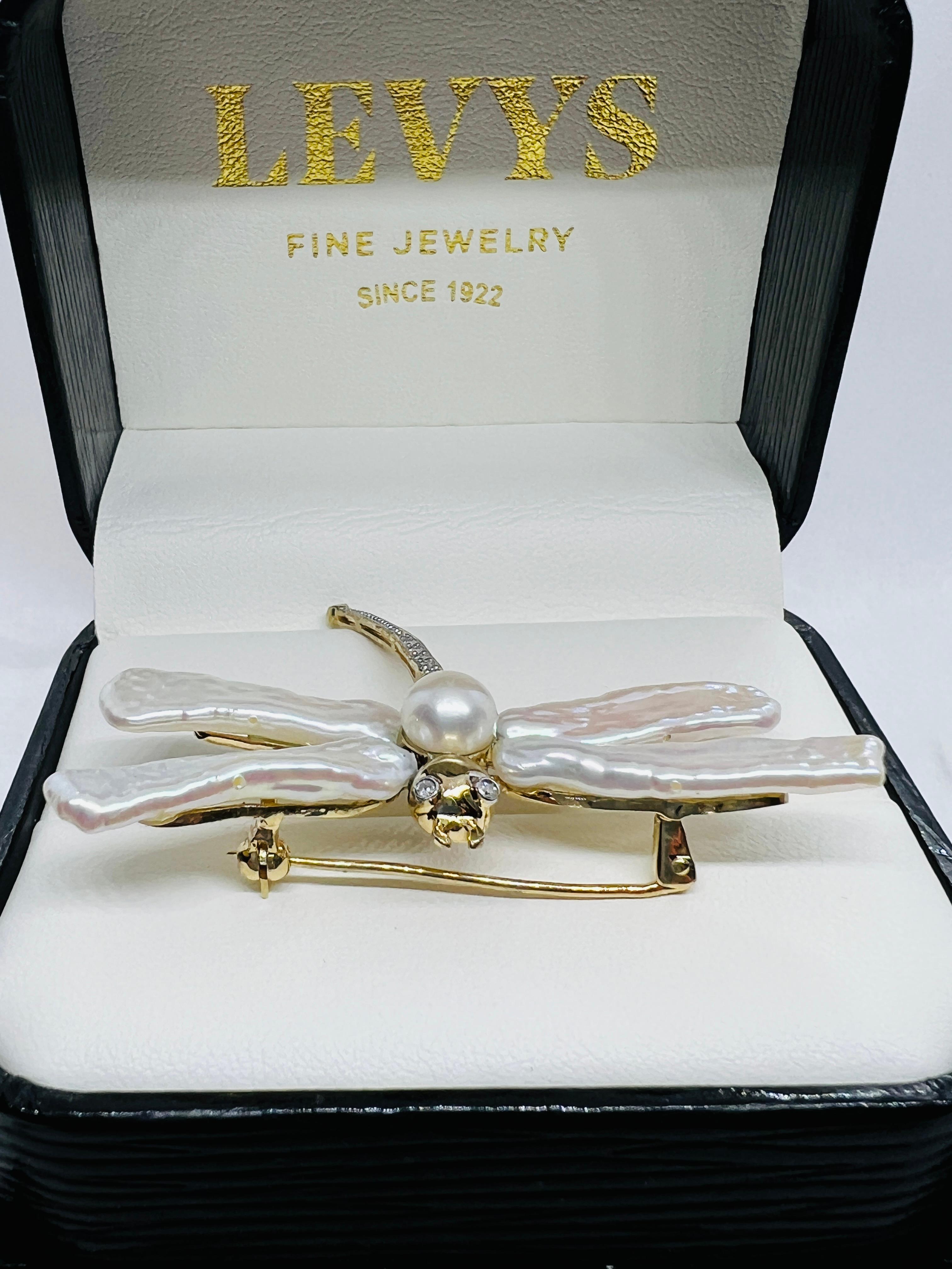 Artisan 14K yellow Gold Biwa Pearl & Diamond Dragonfly Brooch