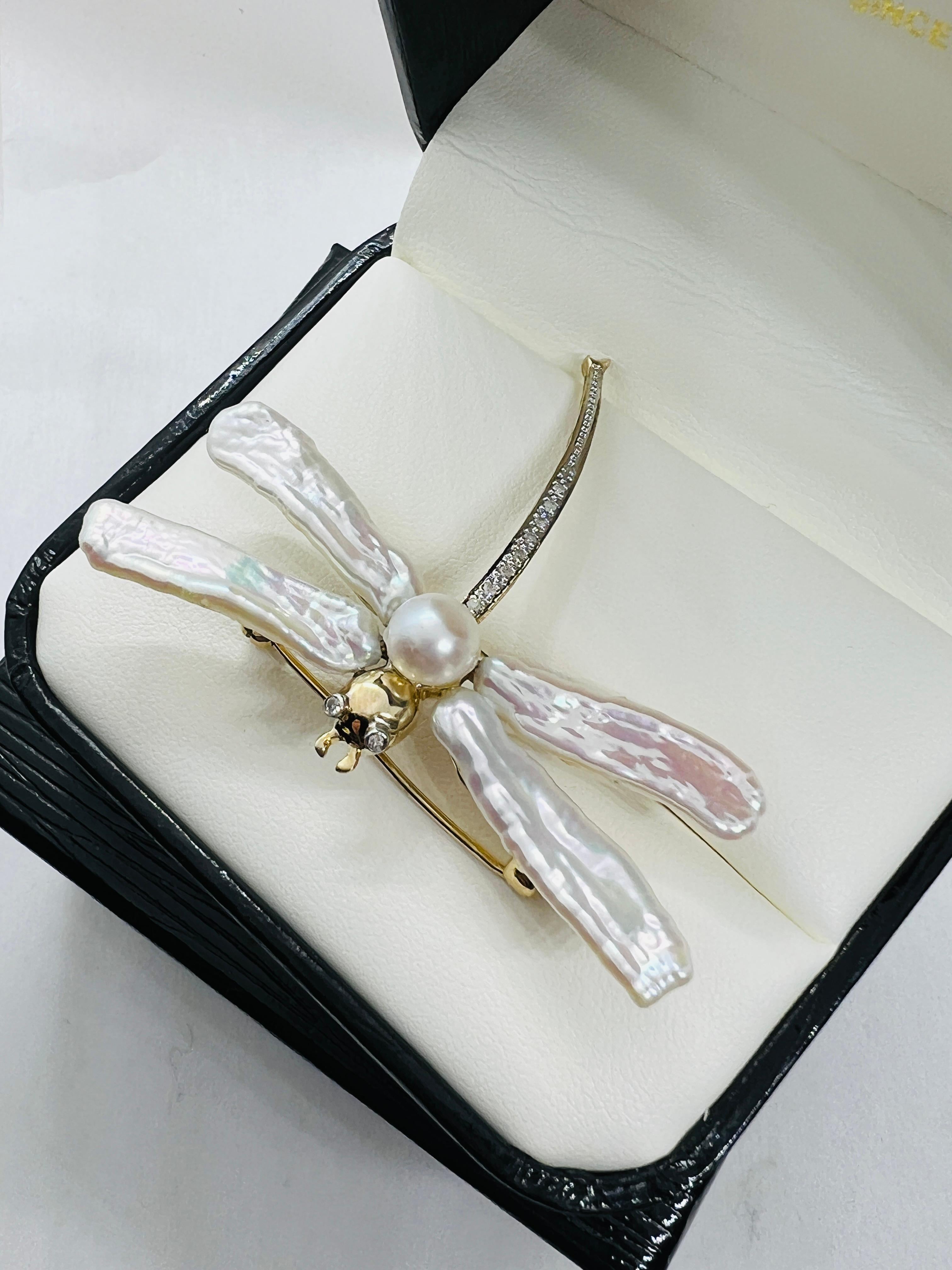 Round Cut 14K yellow Gold Biwa Pearl & Diamond Dragonfly Brooch