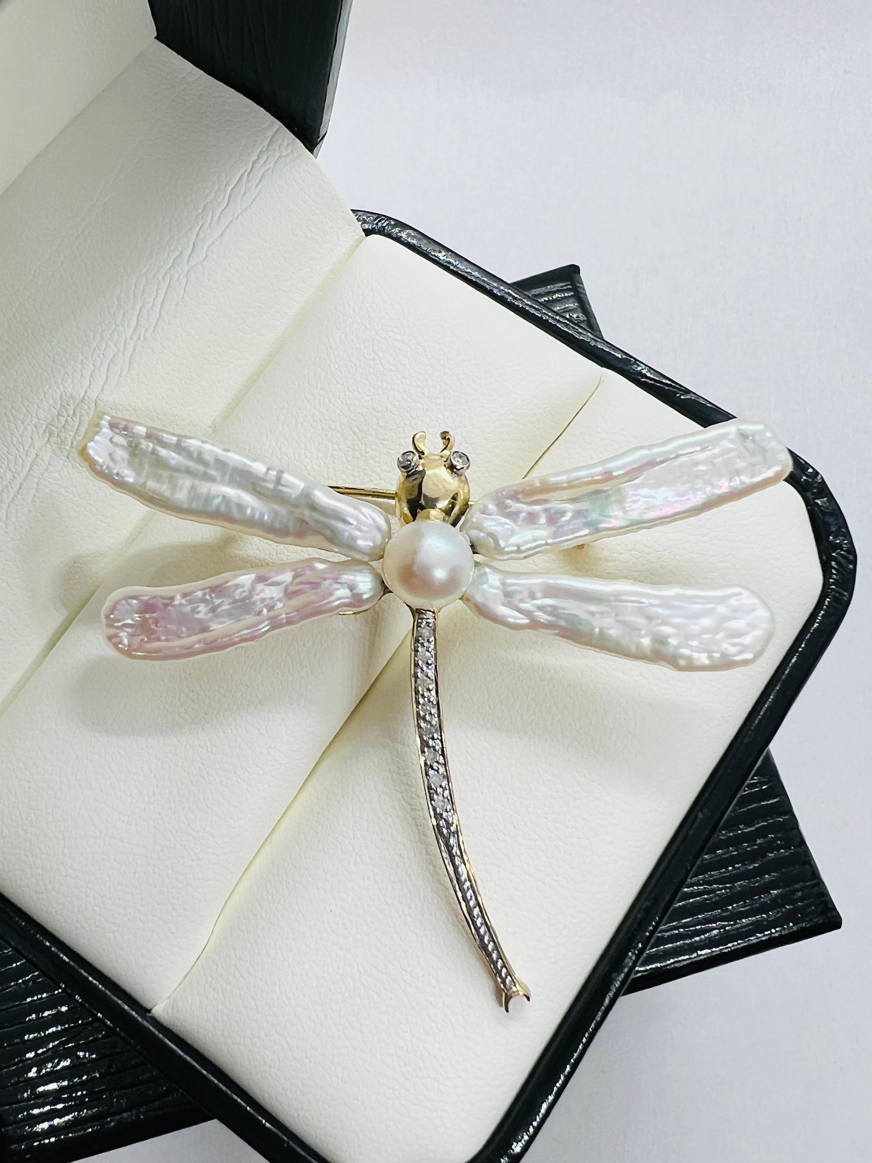 14K yellow Gold Biwa Pearl & Diamond Dragonfly Brooch 1