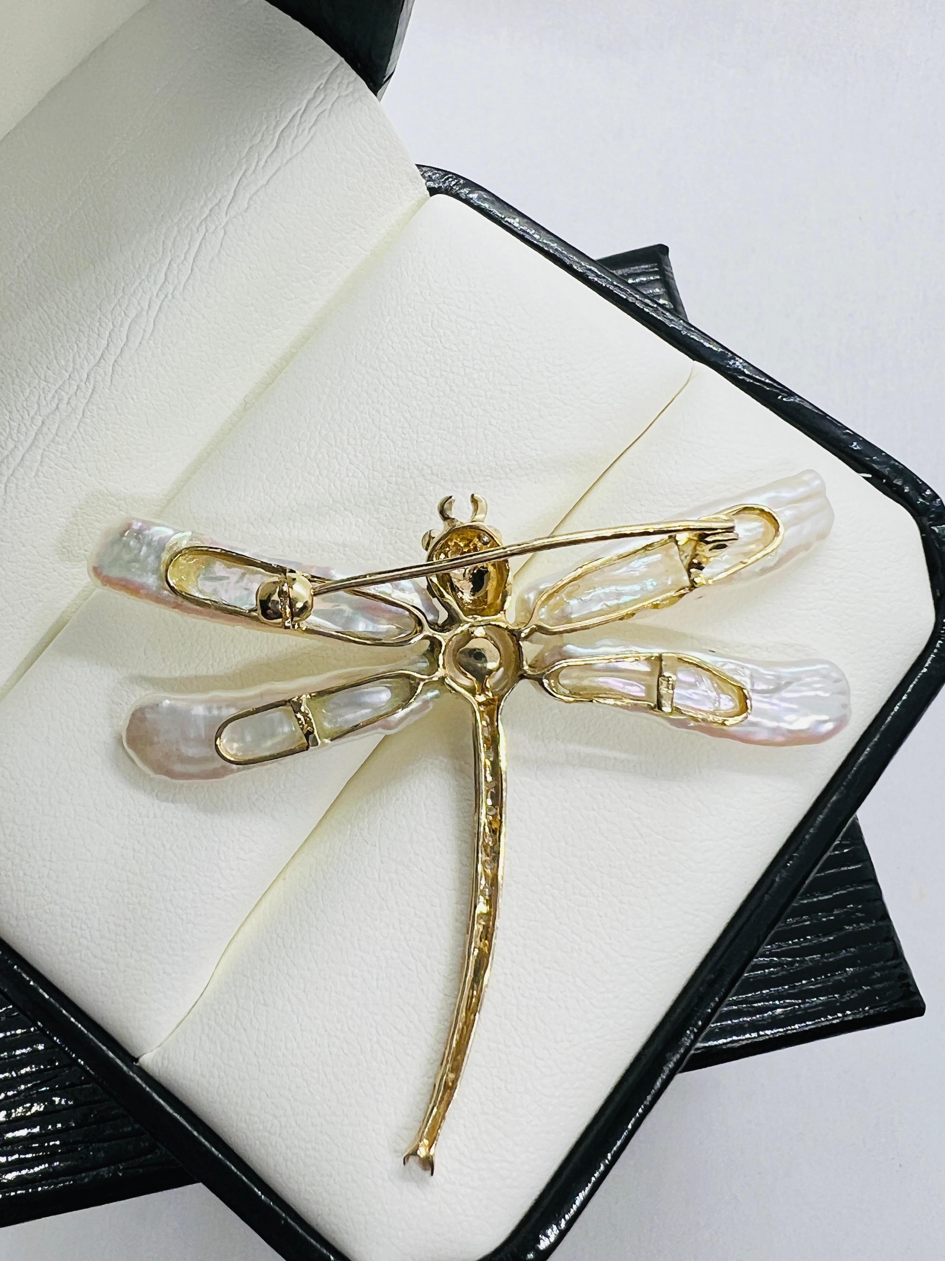 14K yellow Gold Biwa Pearl & Diamond Dragonfly Brooch 2