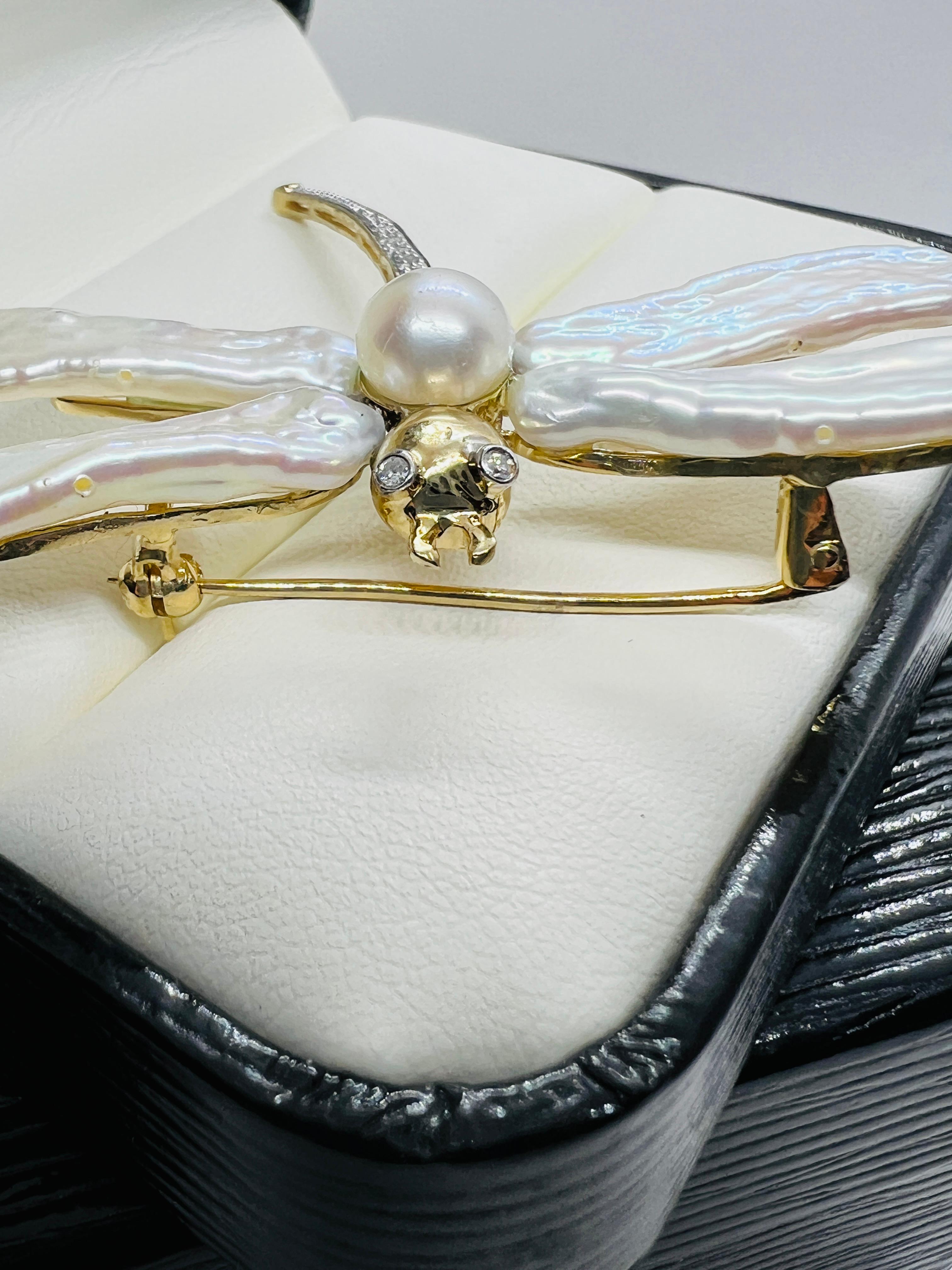 14K yellow Gold Biwa Pearl & Diamond Dragonfly Brooch 3